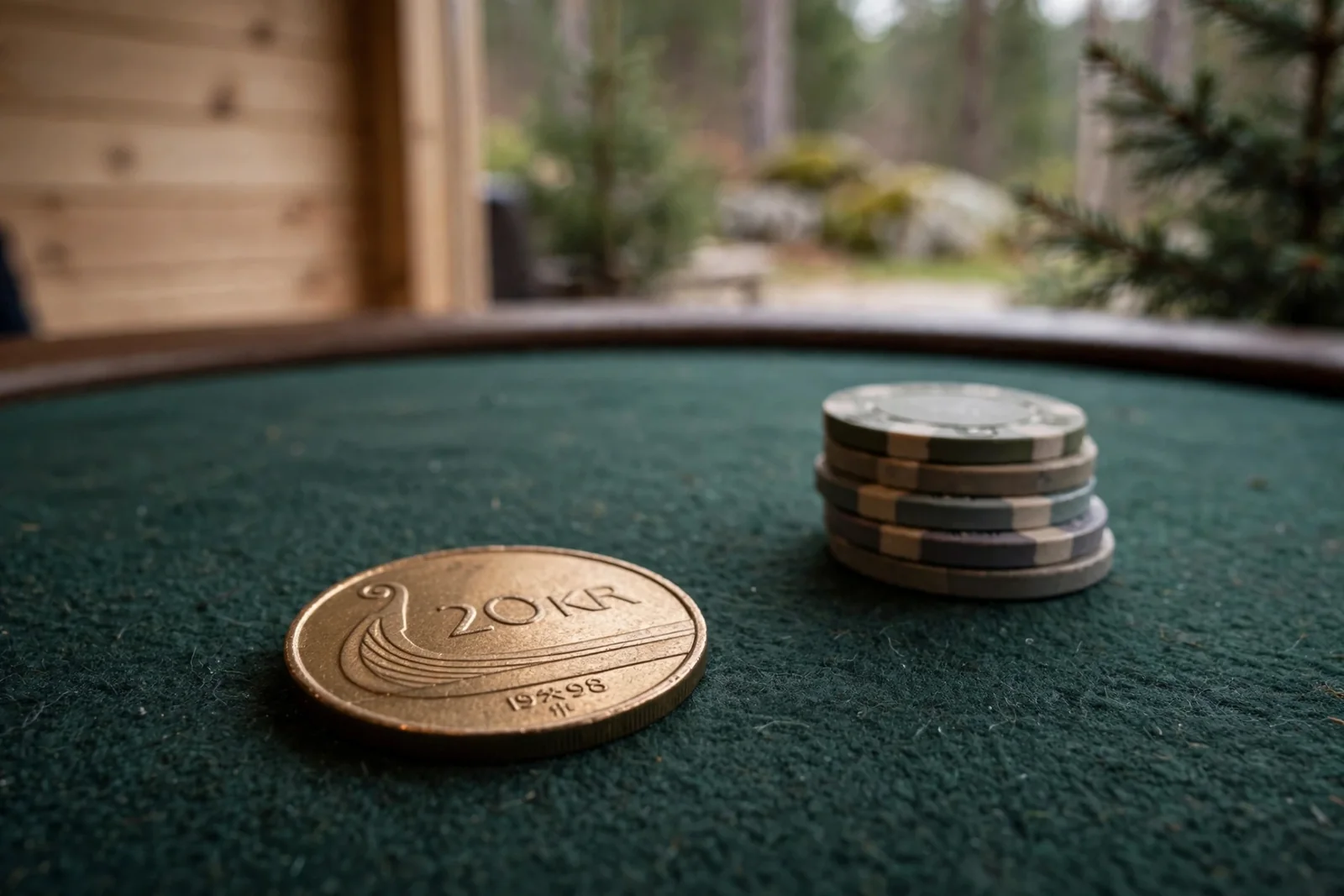 Norsk 20-kroners mynt på casino-bord ved siden av pokerjetonger