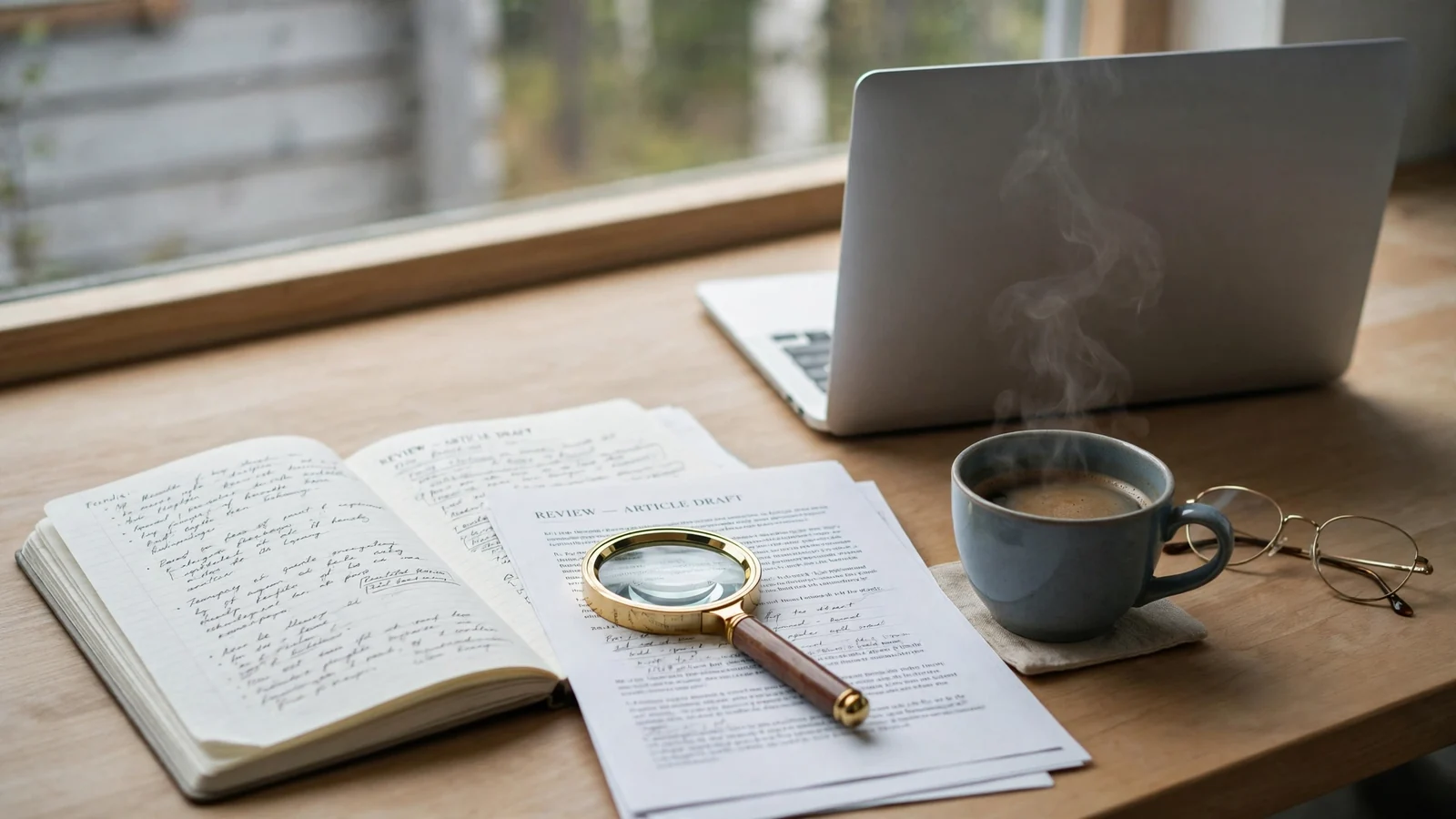 Redaksjonelt arbeidsbord med notatbok, forstørrelsesglass og kaffekopp i naturlig lys