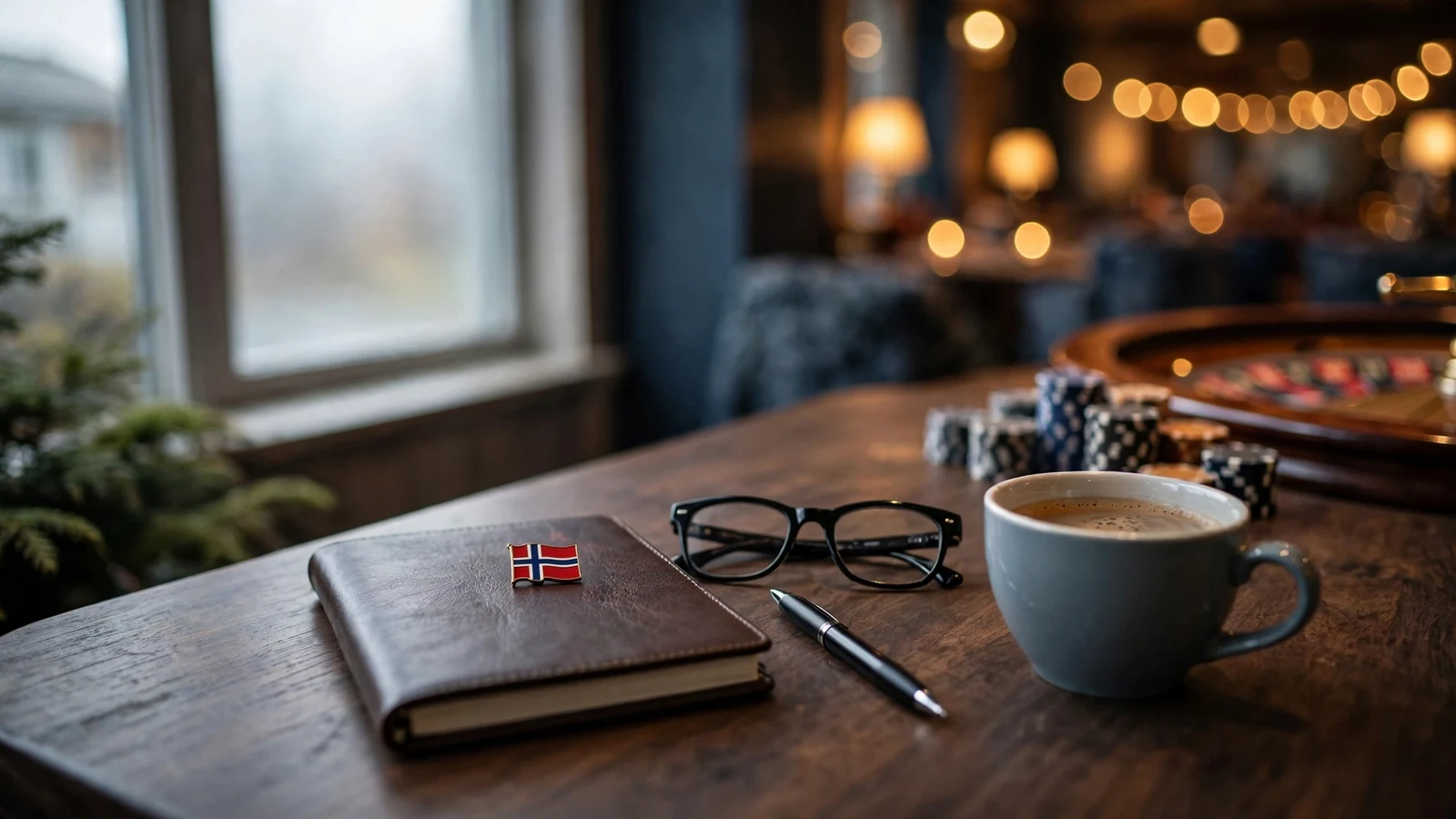 Nordisk anmelderskrivbord med notatbok og kaffekopp mot dempet casinobakgrunn