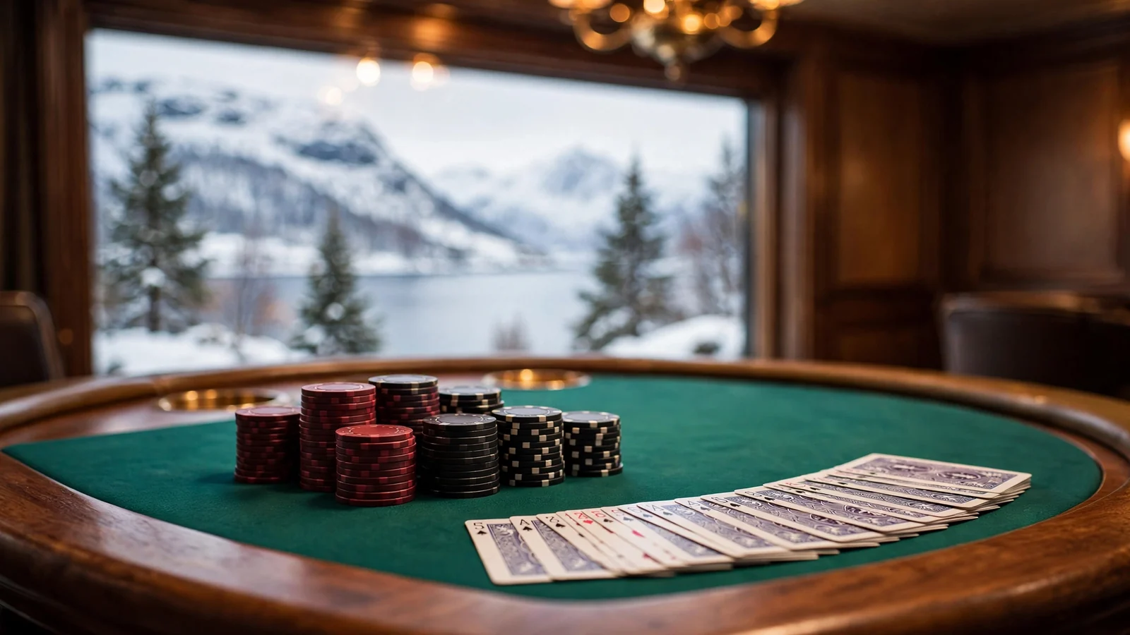 Elegant blackjack-bord med kort og jetonger, norsk fjord i bakgrunnen