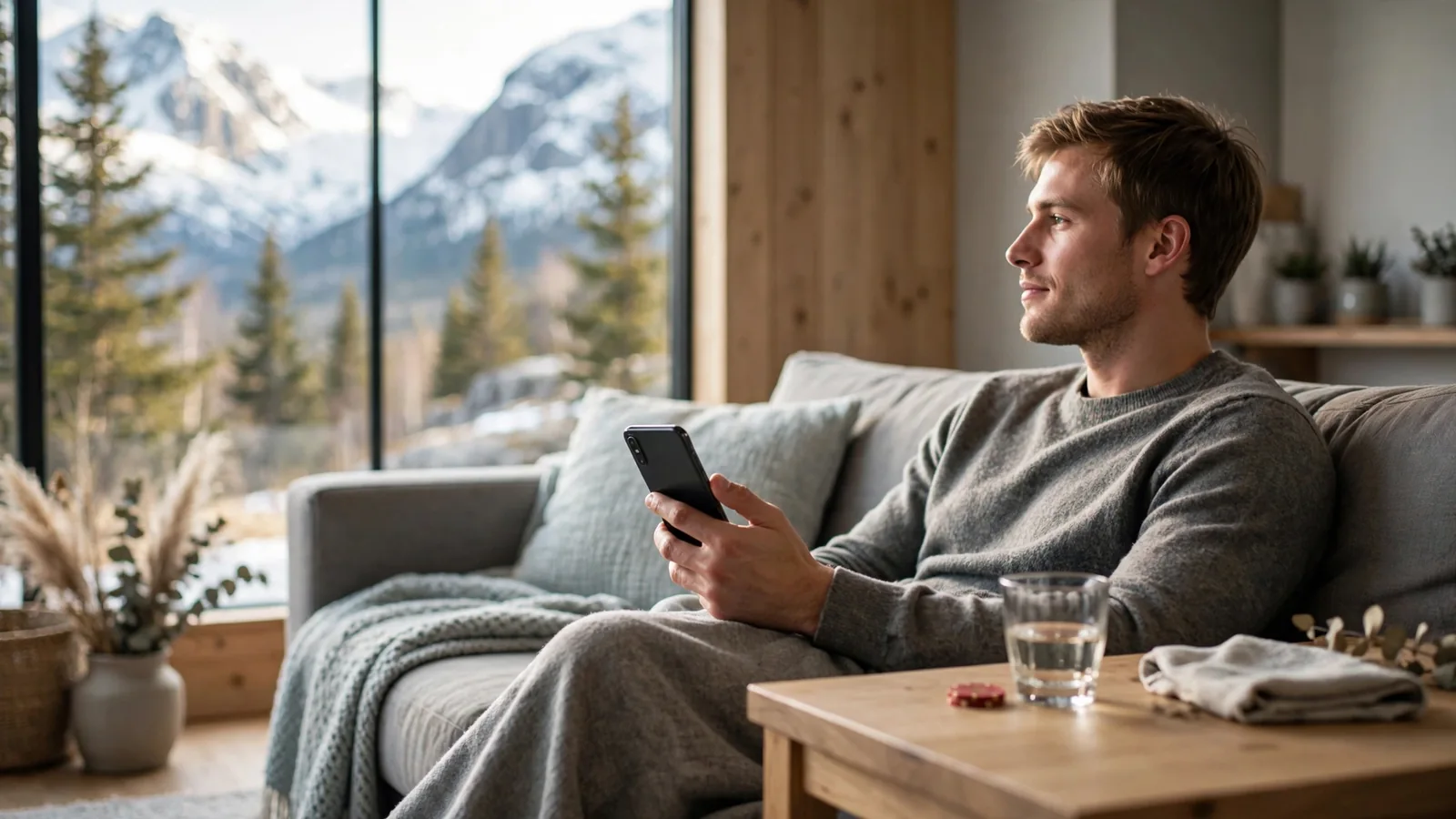 Nordmann slapper av hjemme med mobilen og norsk fjellutsikt