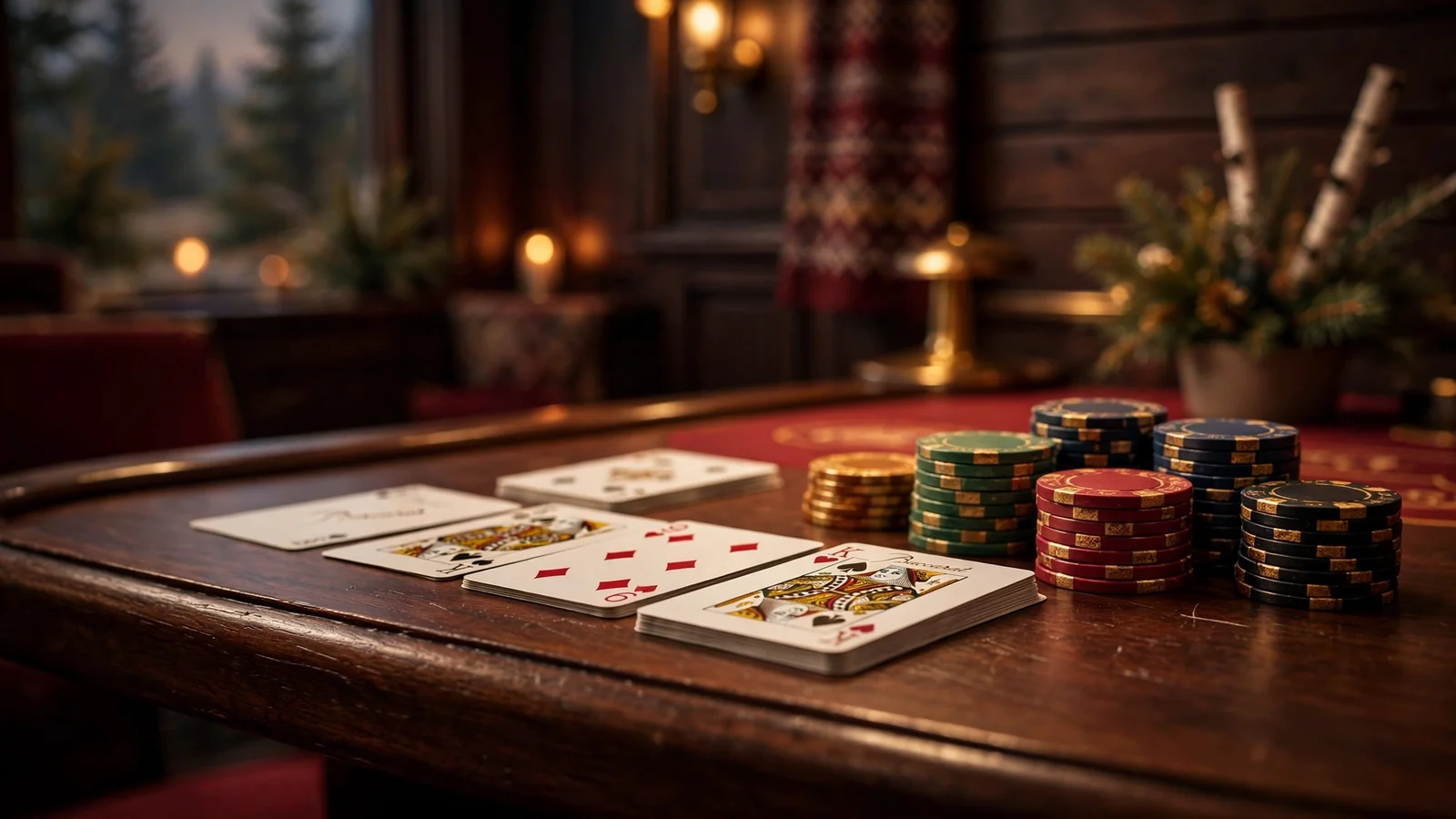 Elegant baccarat-bord med kort og jetonger i et norsk casino