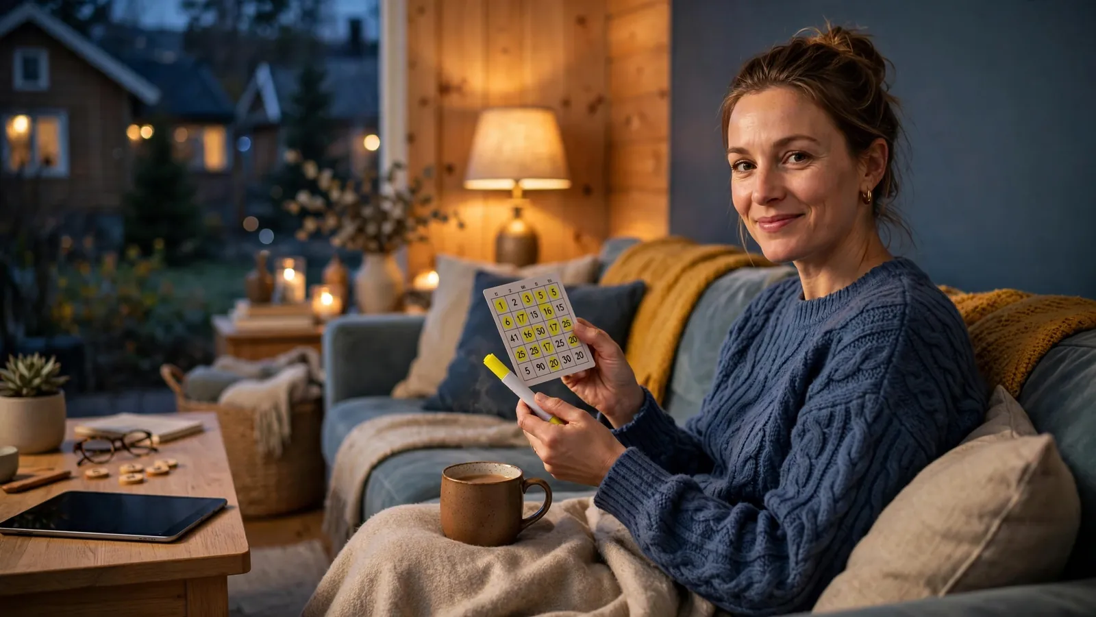 Person som spiller bingo hjemme i en koselig norsk stue