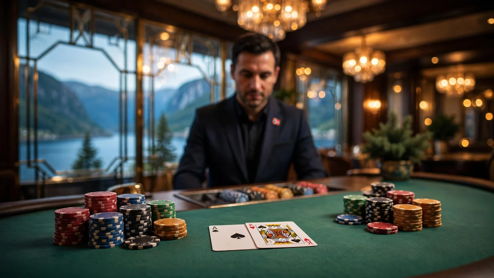 Elegant blackjack-bord med fargeglade jetonger og kort i et moderne casinointeriør