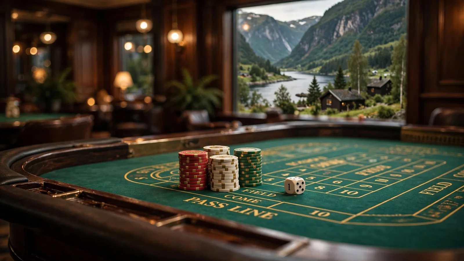Craps-bord på nettcasino med fjordutsikt i bakgrunnen
