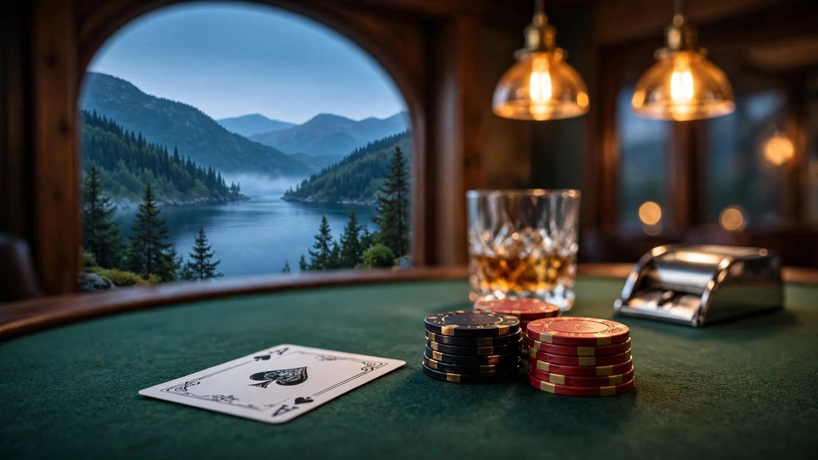 Grønt kortbord med spar ess og stablede casinobrikker i varm belysning