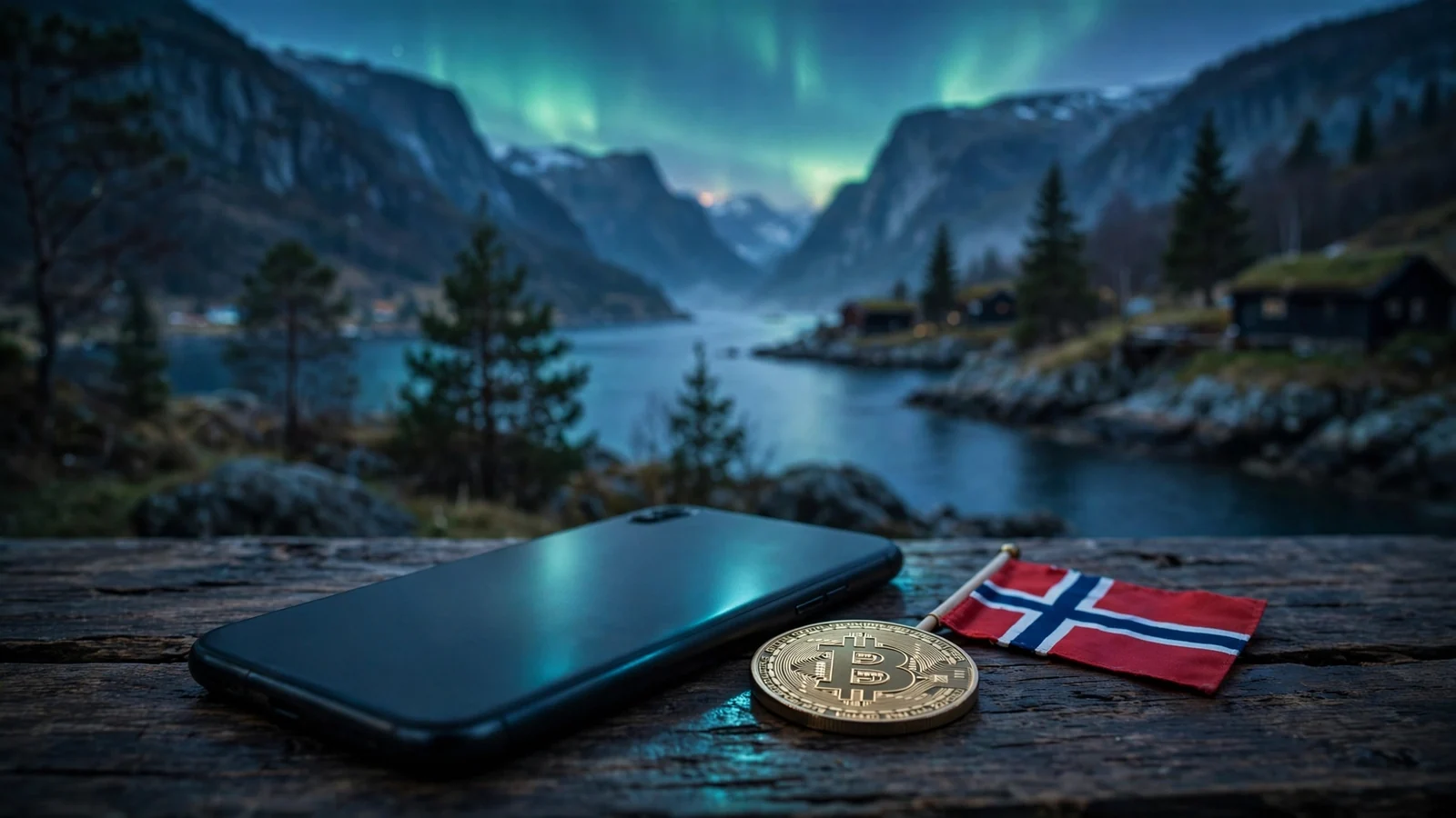 Smarttelefon, Bitcoin-mynt og norsk flagg ved siden av en fjord i skumringen