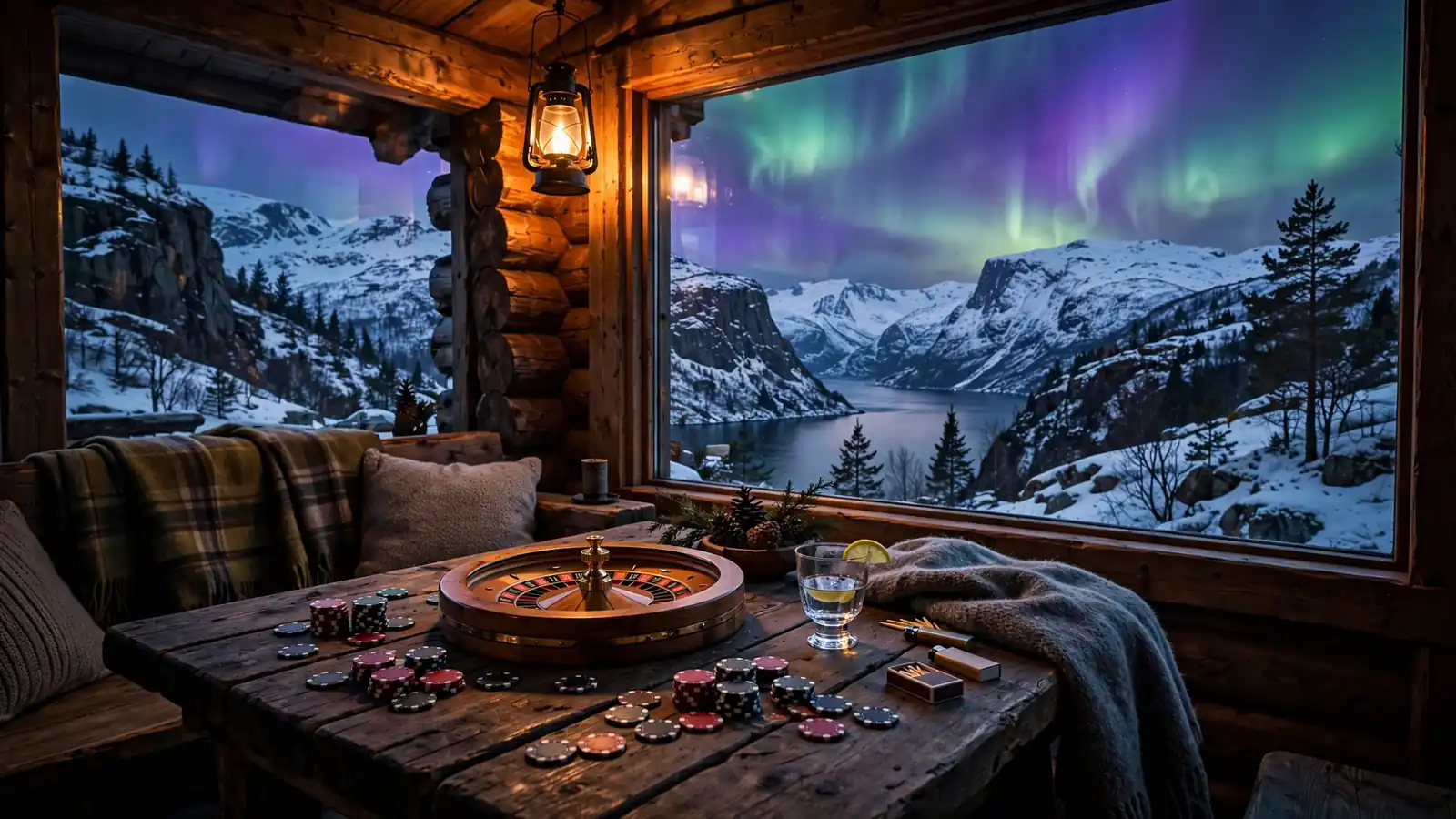 Casinochips og rulett på bord i norsk hytte med nordlys utenfor vinduet