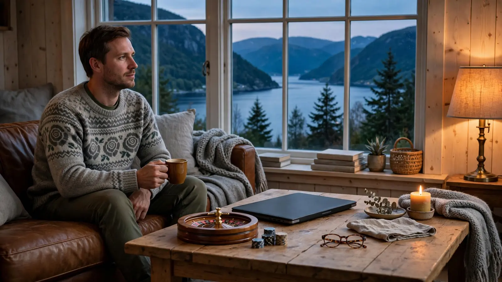 Mann i norsk stue med lukket bærbar PC, kaffekopp, rulett og pokerjetonger på bordet