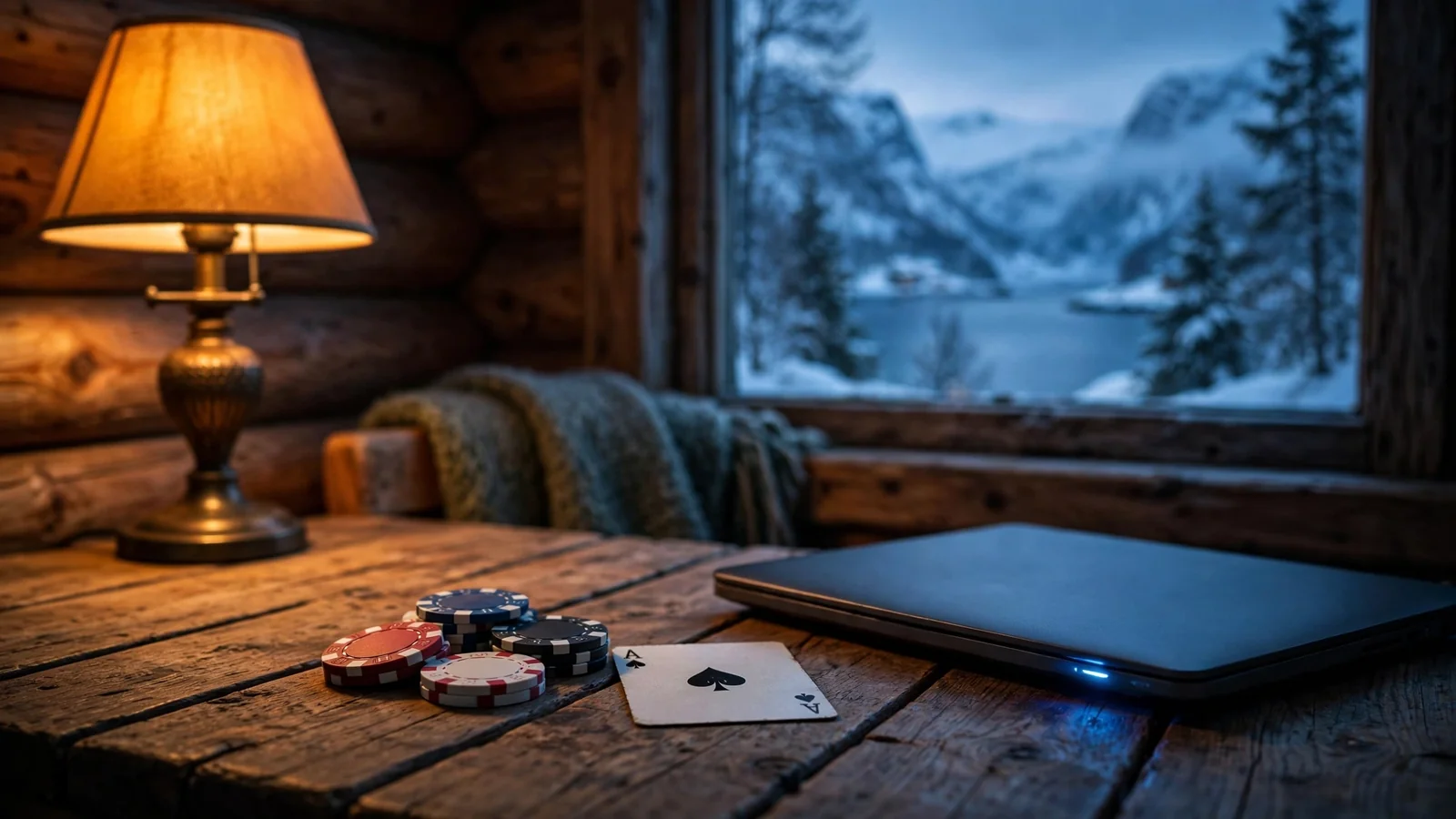 Casinochips og spillkort på et bord i en norsk hytte