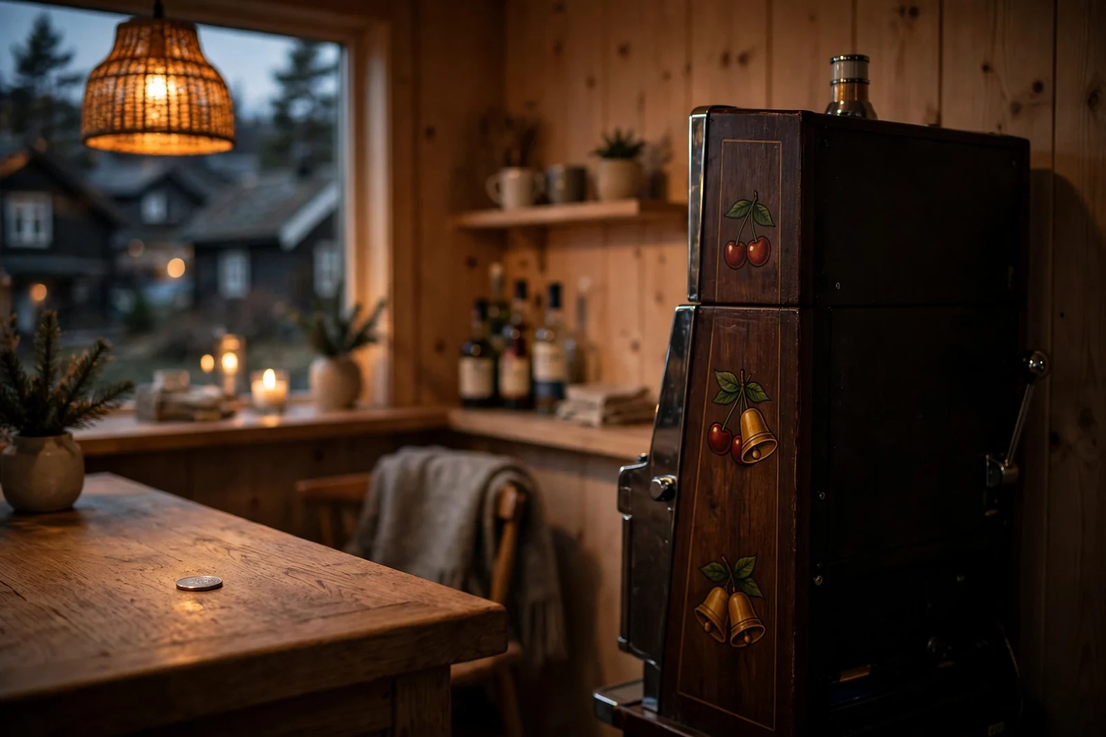 Klassisk spilleautomat i koselig norsk lounge med dempet belysning