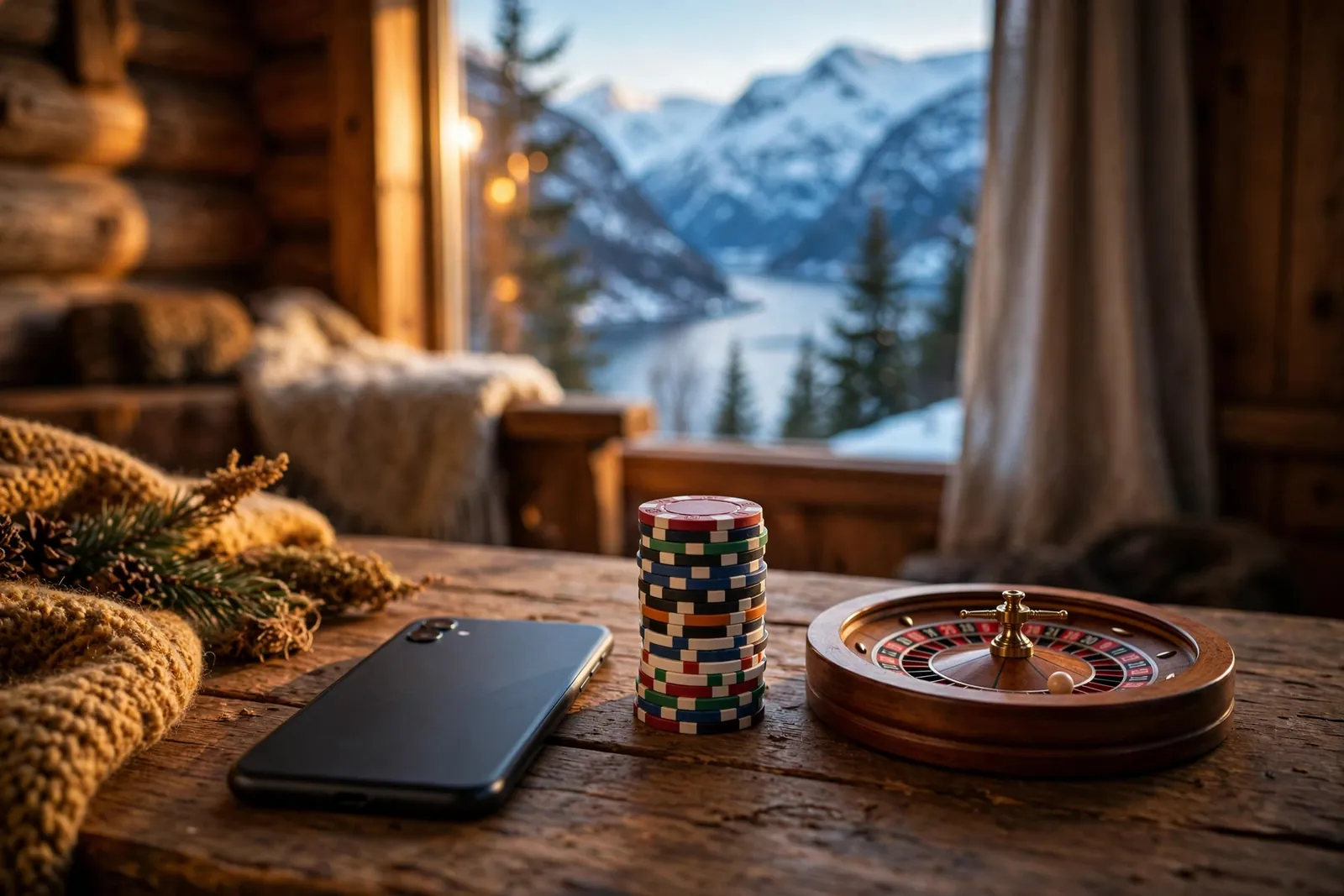 Telefon på bord i norsk hytte med kasinobrikker og rulett