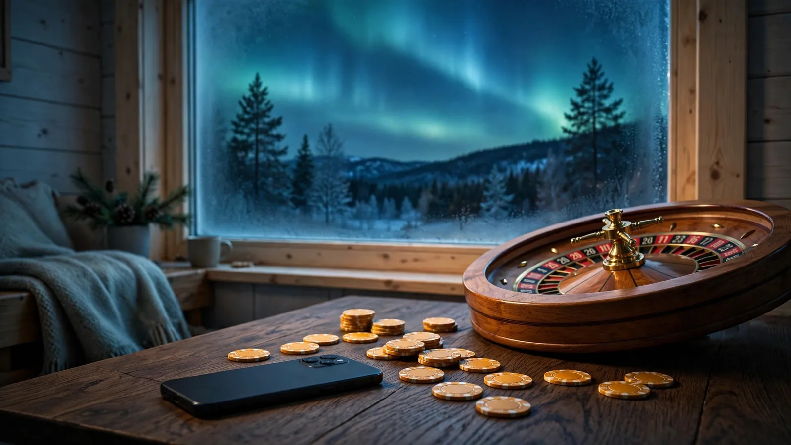 Casinochips og rulett ved en telefon under nordlyset