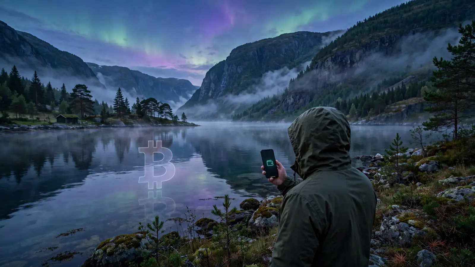 Ensom person ved norsk fjord i skumring med kryptovaluta-symbol under nordlys