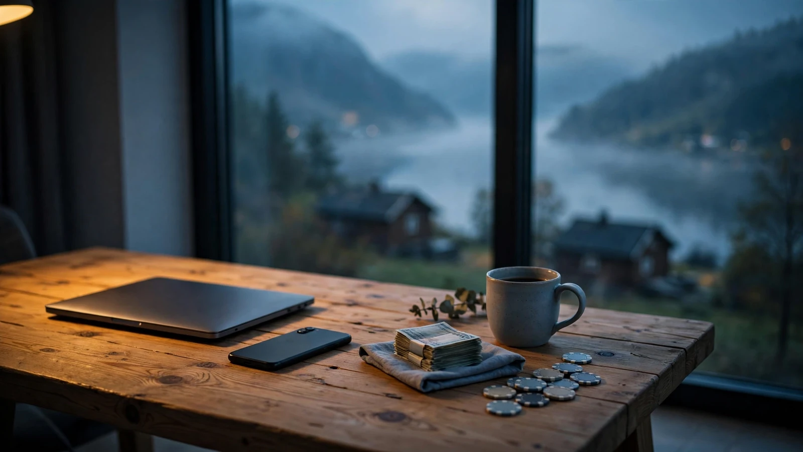 Norsk kveldsbord med kroner, jetonger og lukket laptop