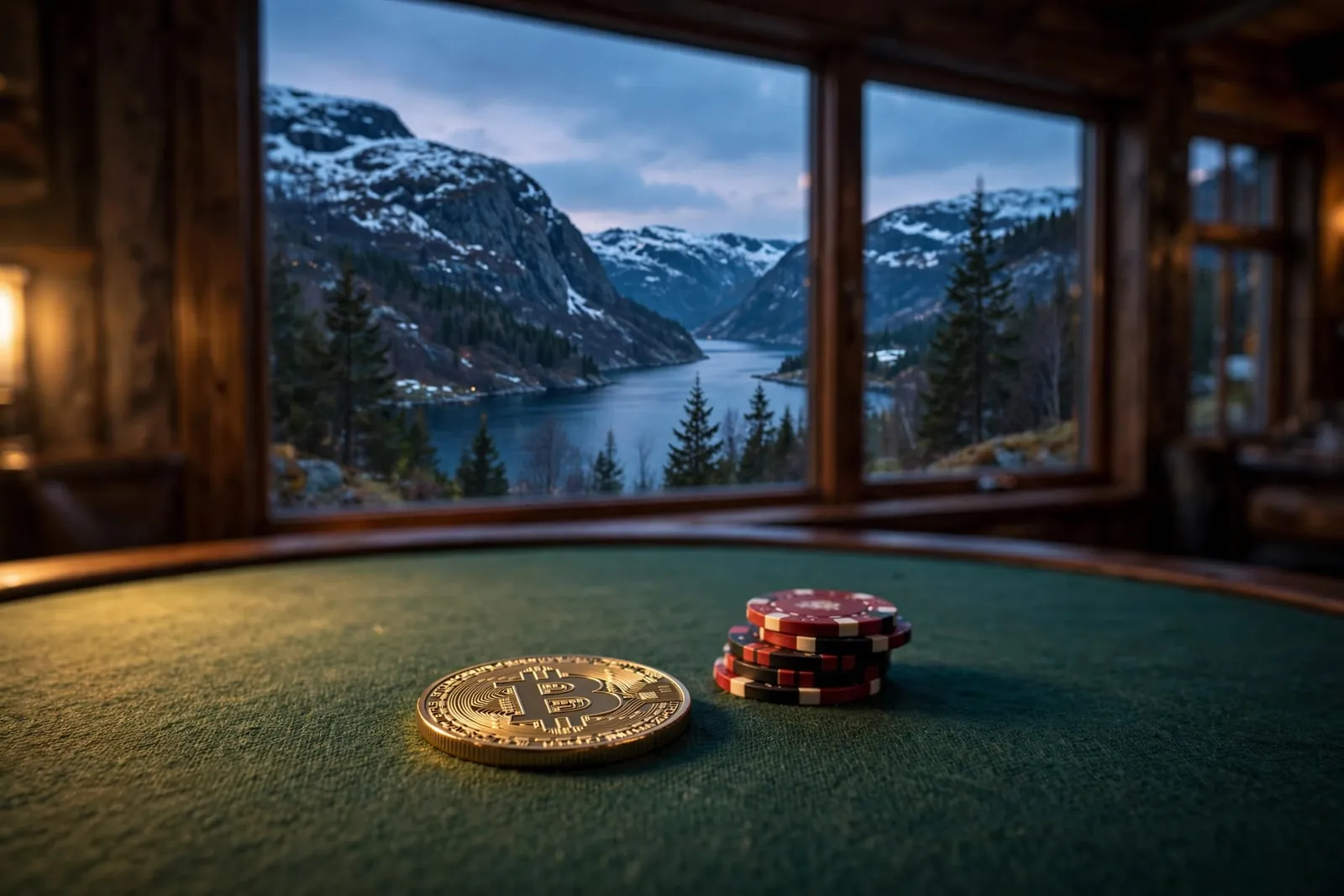 Bitcoin-mynt og pokerjetonger på casinobord med norsk fjordlandskap i bakgrunnen