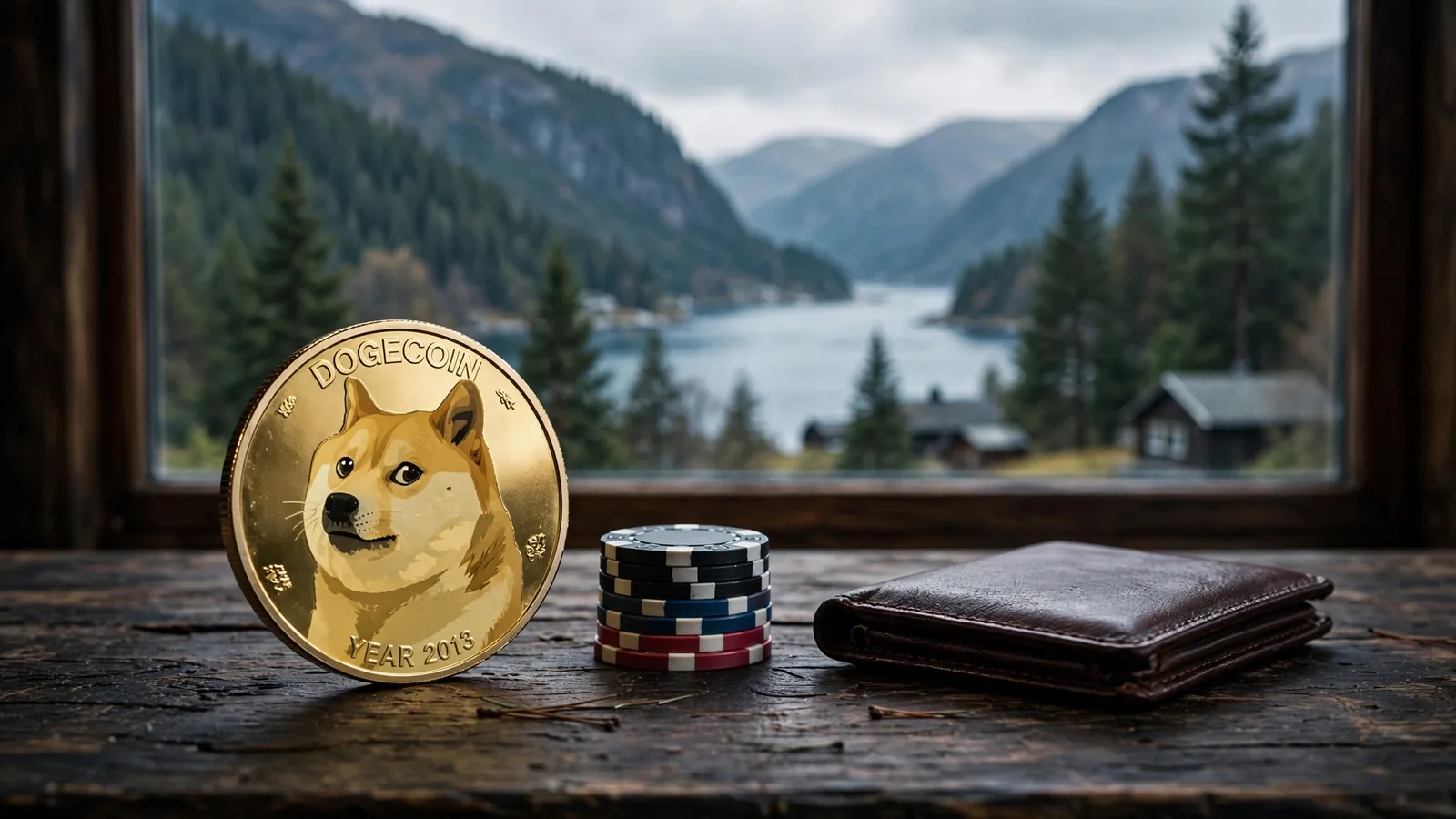 Dogecoin-mynt på bord ved siden av pokerjetonger med norsk fjord i bakgrunnen