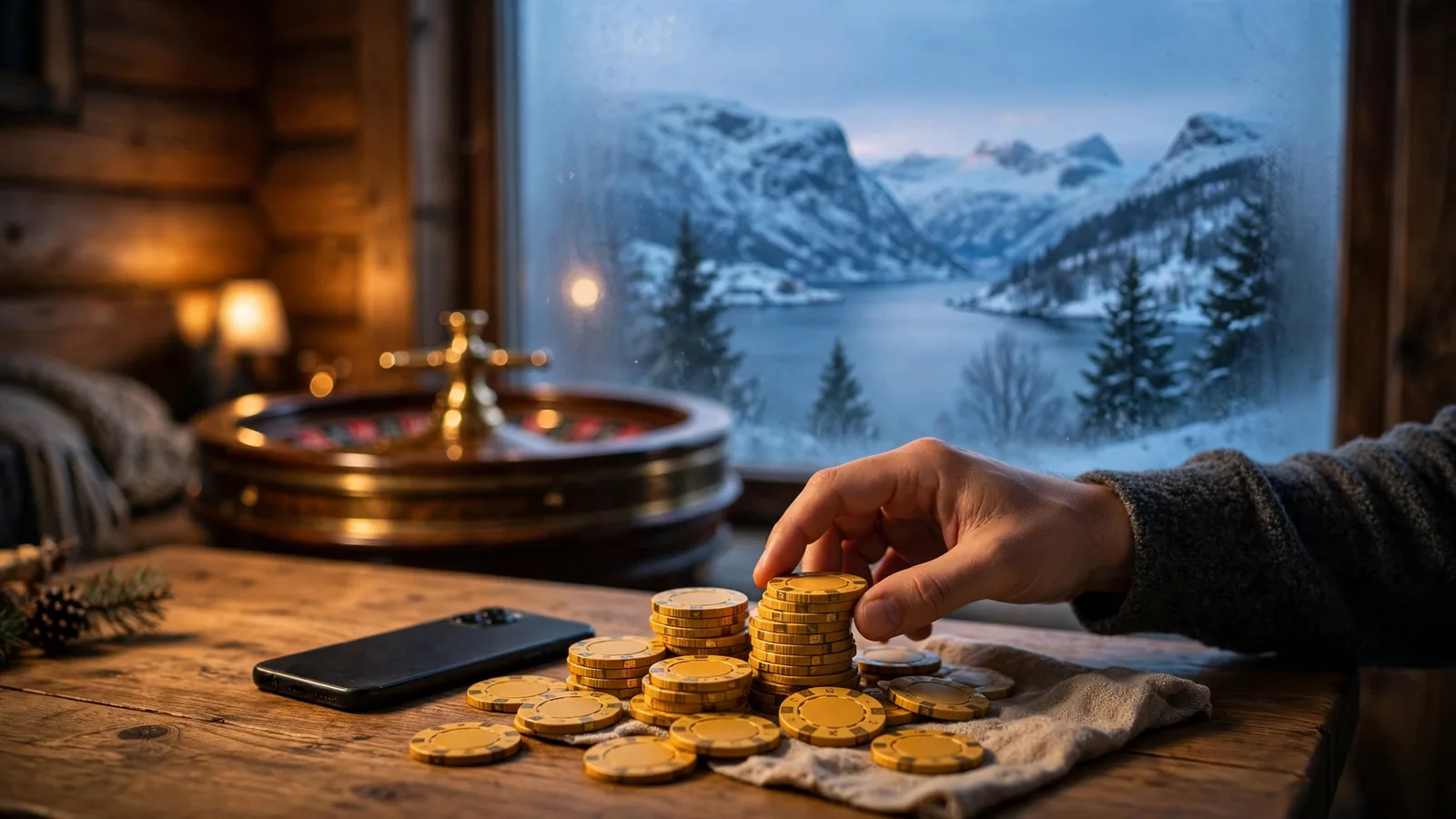 Gyldne casinobrikker på et trebord i en norsk hytte ved skumring