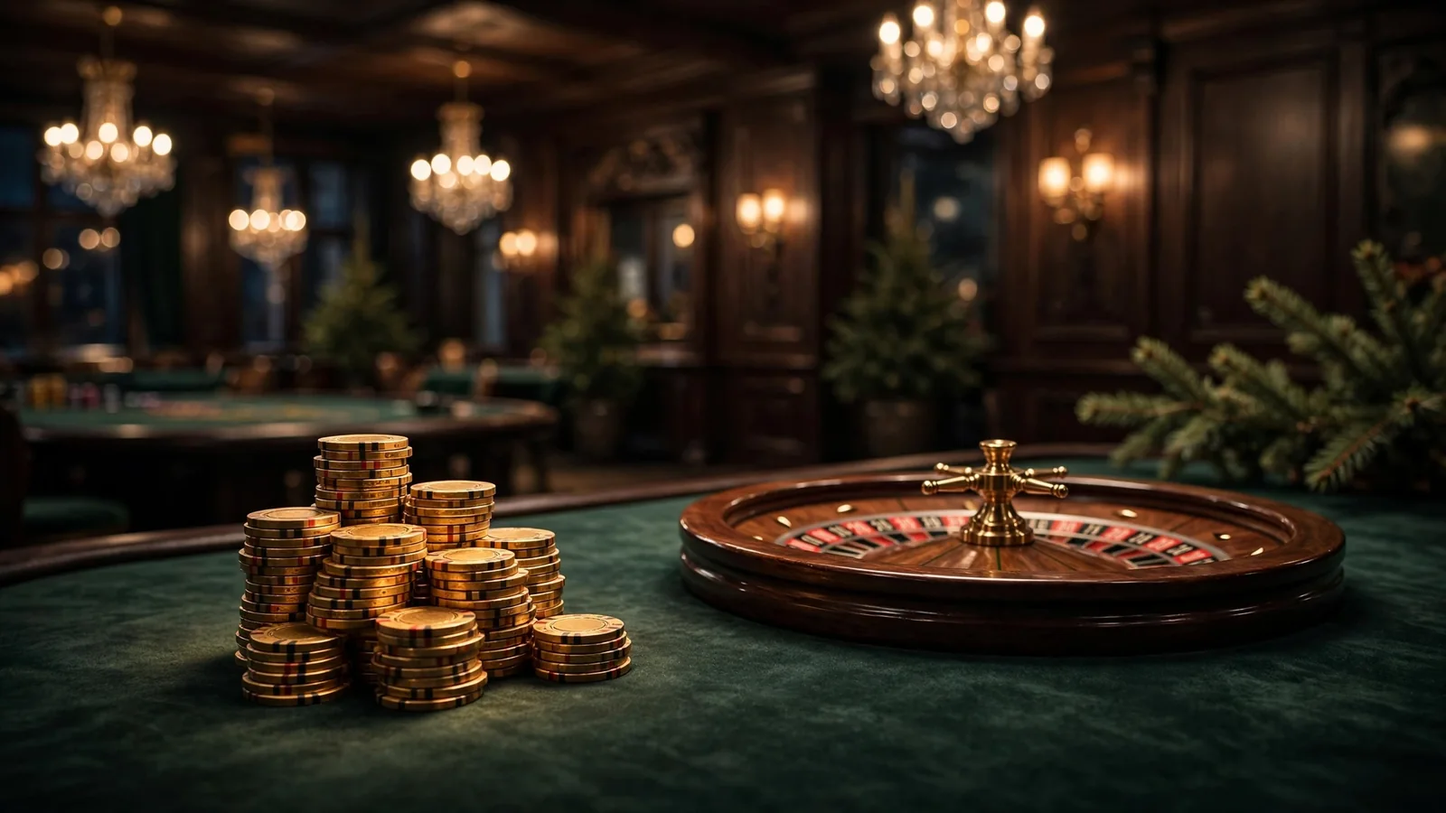 Stabel med gulljetonger og rulettbord i elegant casinointeriør
