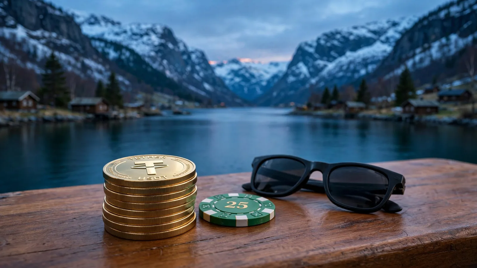 USDT-mynter og casinobrikke på et bord foran en norsk fjord i skumringen