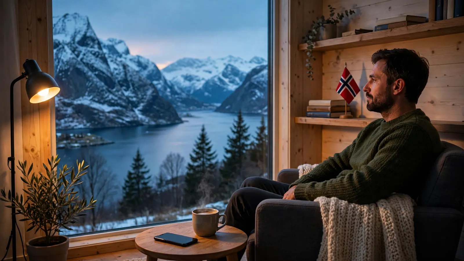 Norsk mann i koselig stue med utsikt over norsk fjord om kvelden