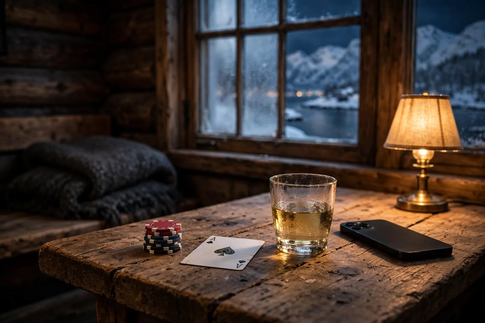Norsk hytteinteriør med casinobrikker og kortkveld