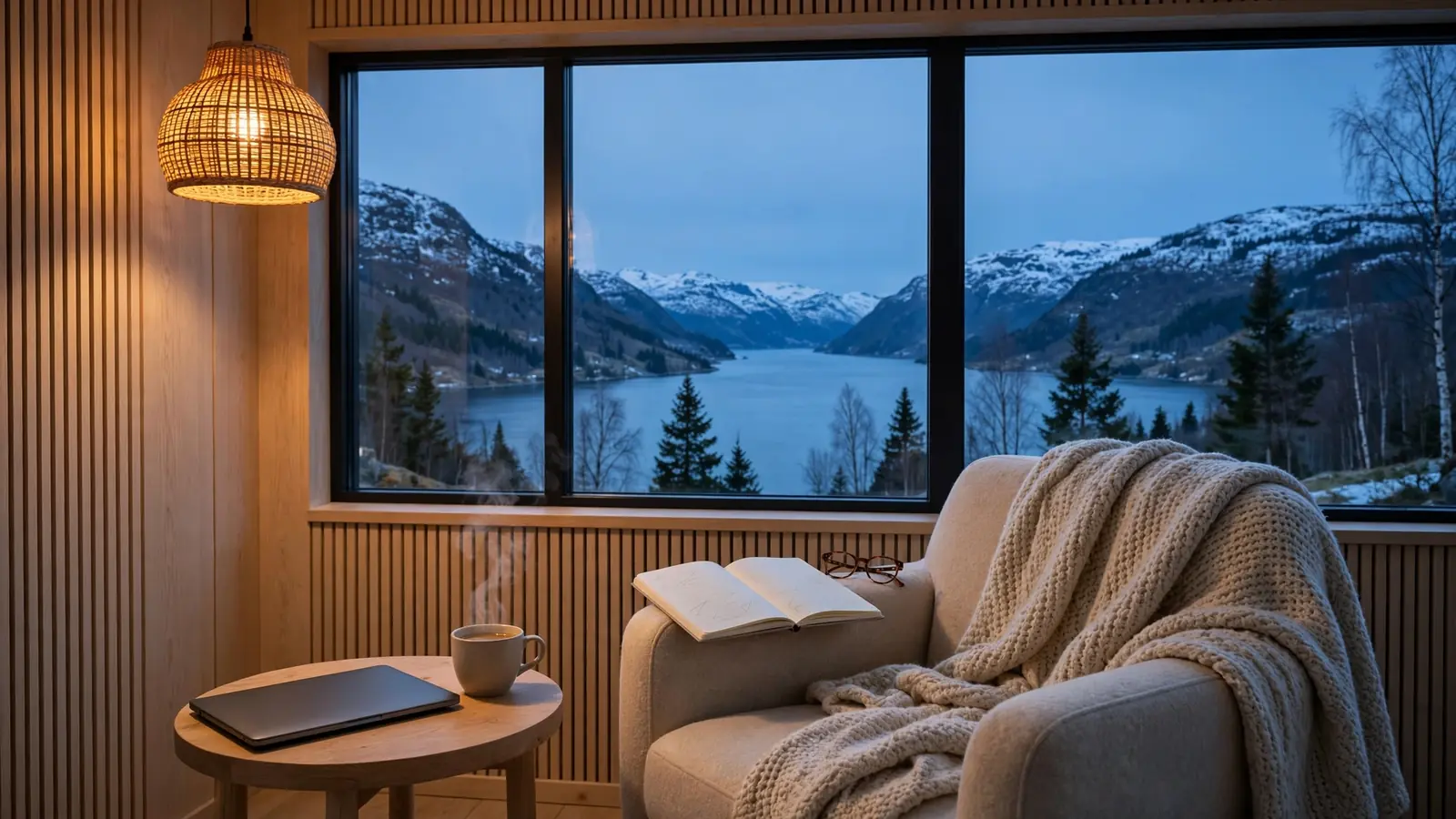 Koselig norsk stue med lenestol, notatbok og utsikt over fjord og snødekte fjell i skumringen