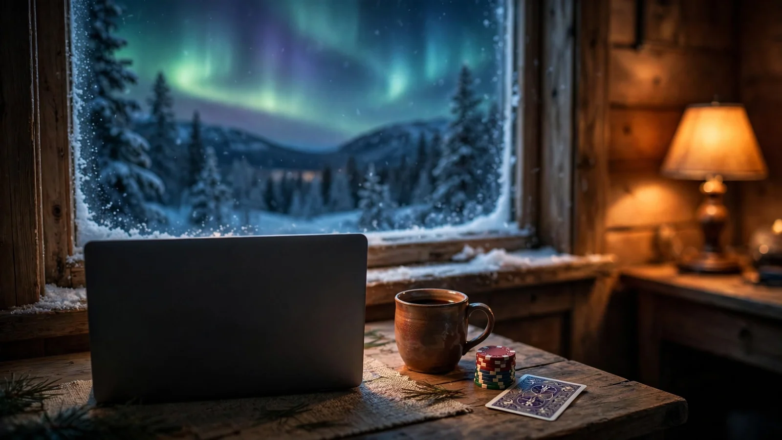 Stilig nattbordscene med nordlys, lukket laptop og casinospill-tilbehør