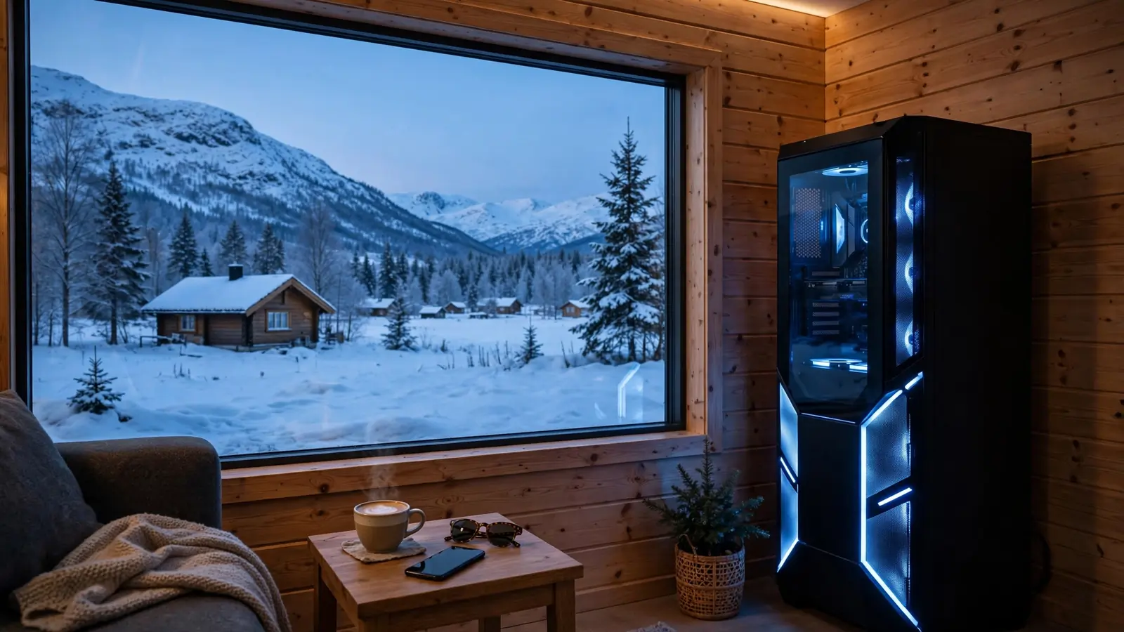 Moderne norsk stue med spilleautomat og utsikt over snødekte fjell