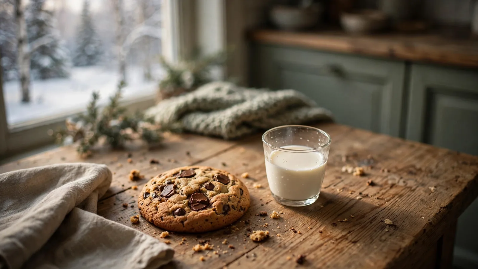 Fersk sjokoladechipcookie på et rustikt trebord med et glass melk ved siden av.