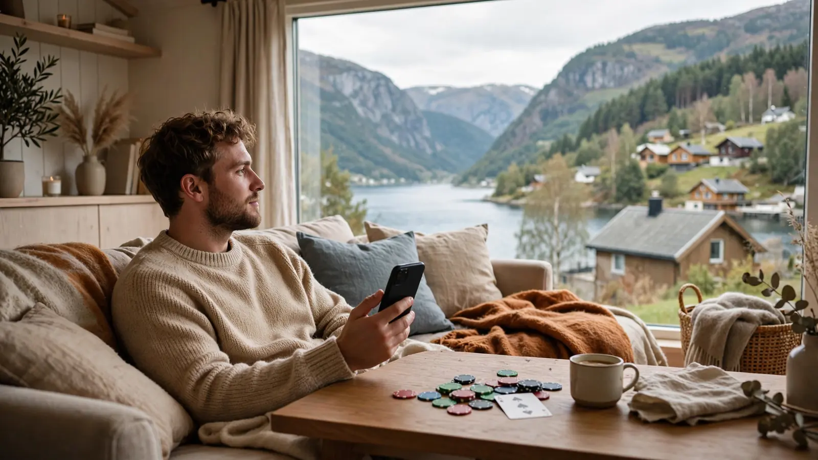 Avslappet person i norsk stue med mobil, fargeklikker og spillekort på bordet