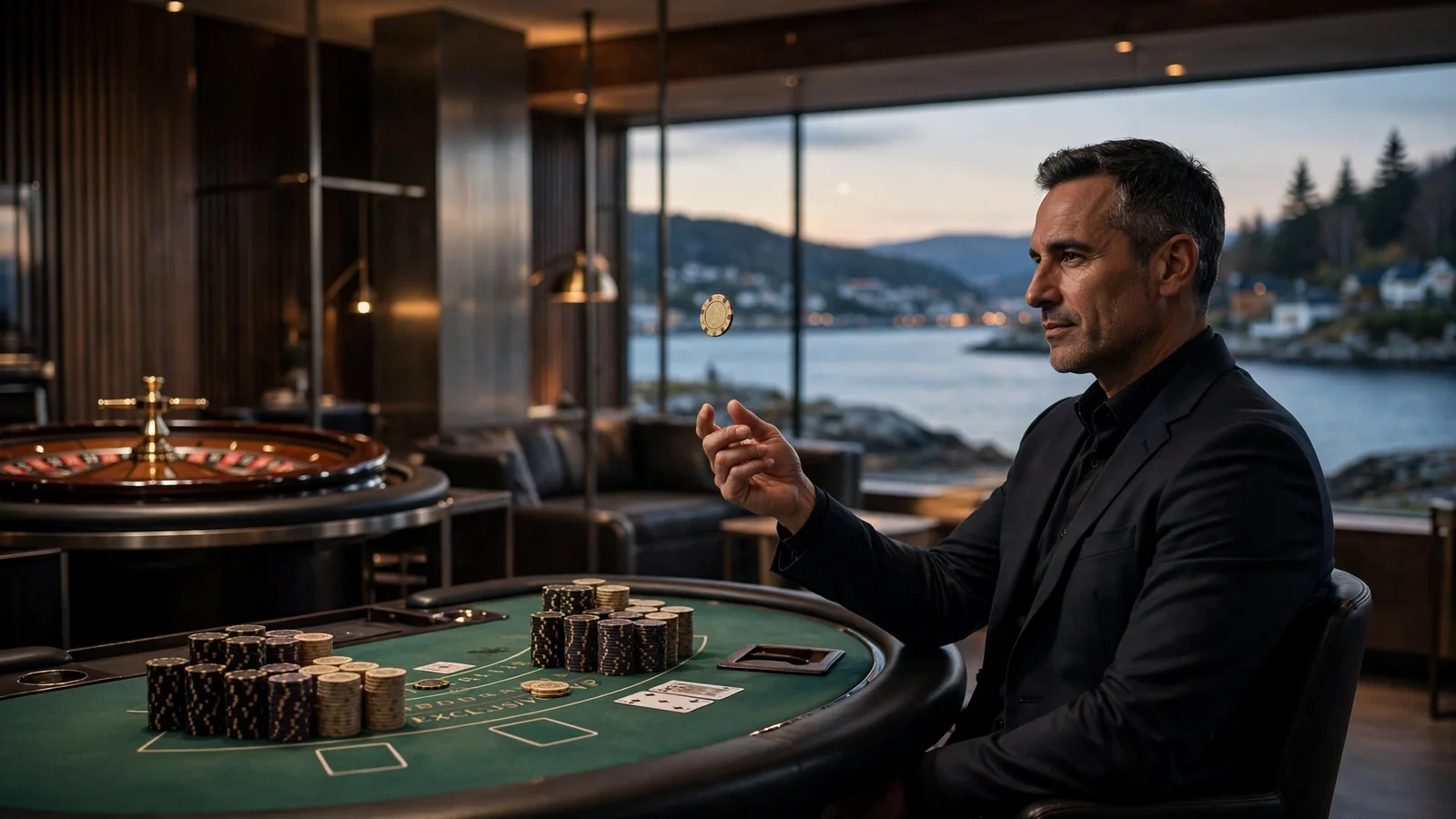 Elegant man i dress ved et VIP-bord i et eksklusivt norsk casino