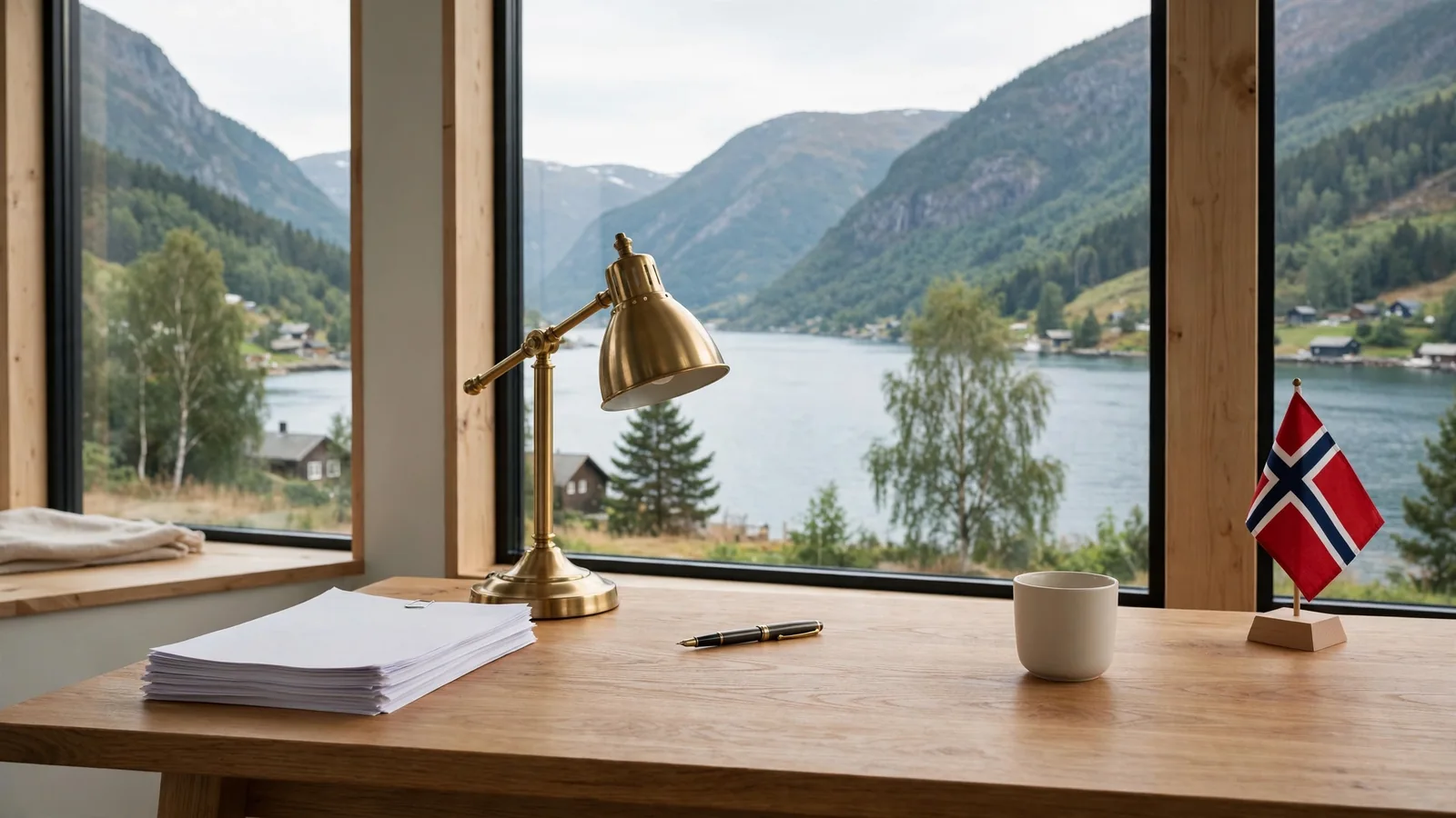 Kontor med juridiske dokumenter og norsk utsikt over fjord