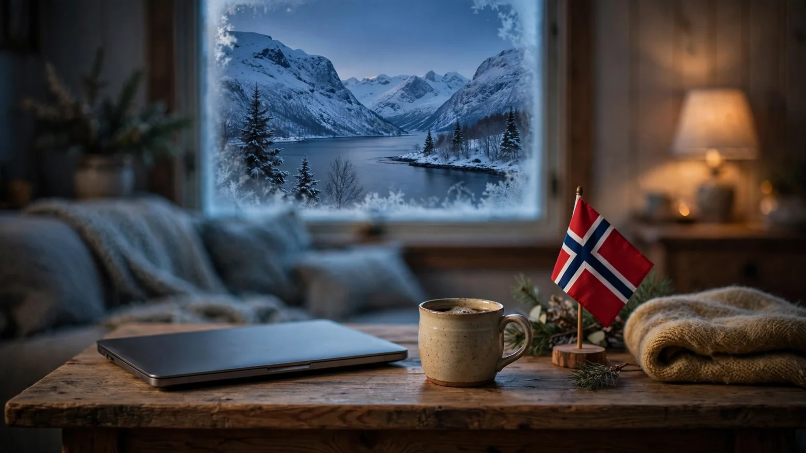 Stengt laptop på bordet med norsk flagg og utsikt over fjord.