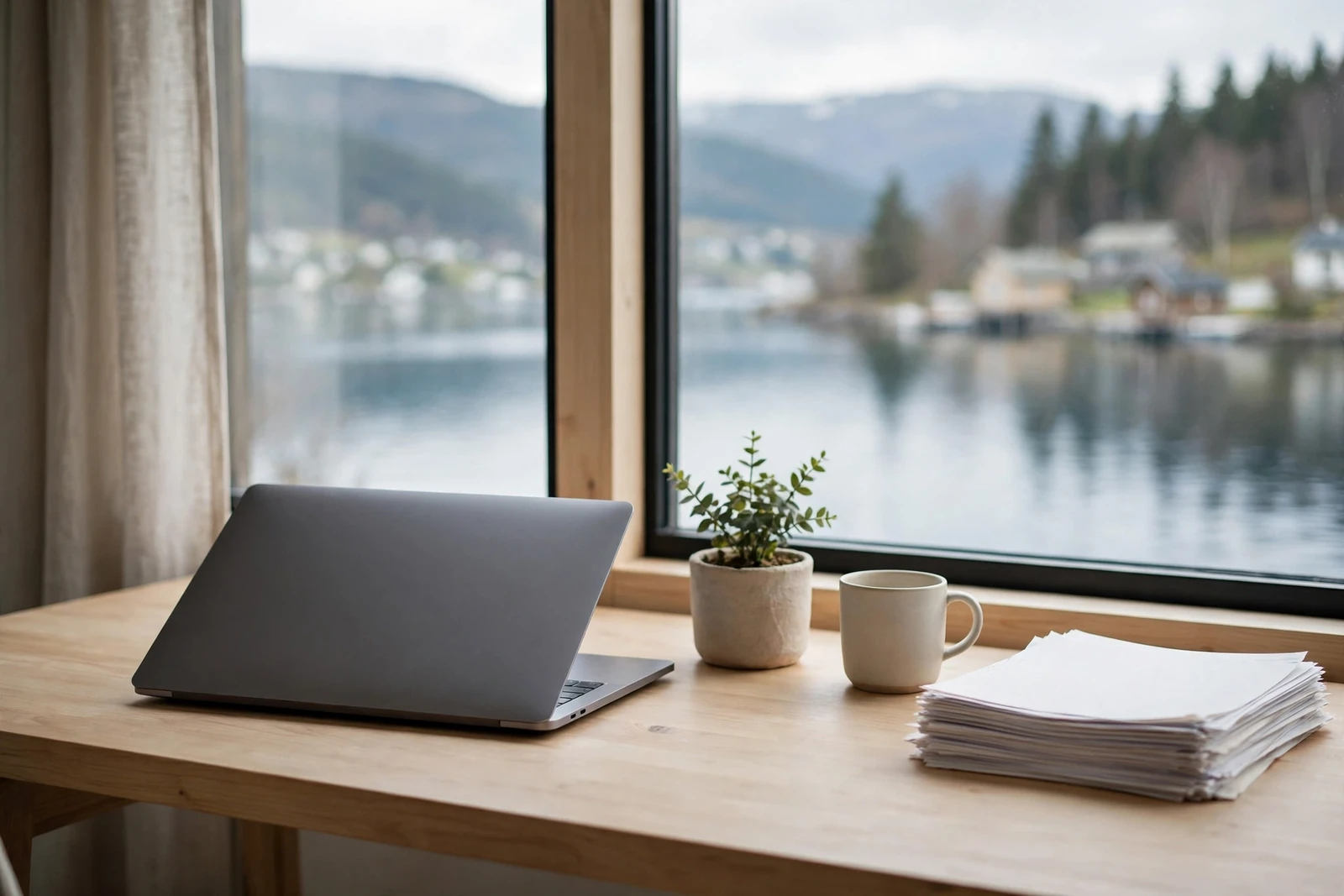 Minimalistisk skrivebord med lukket pc og utsikt mot fjord.