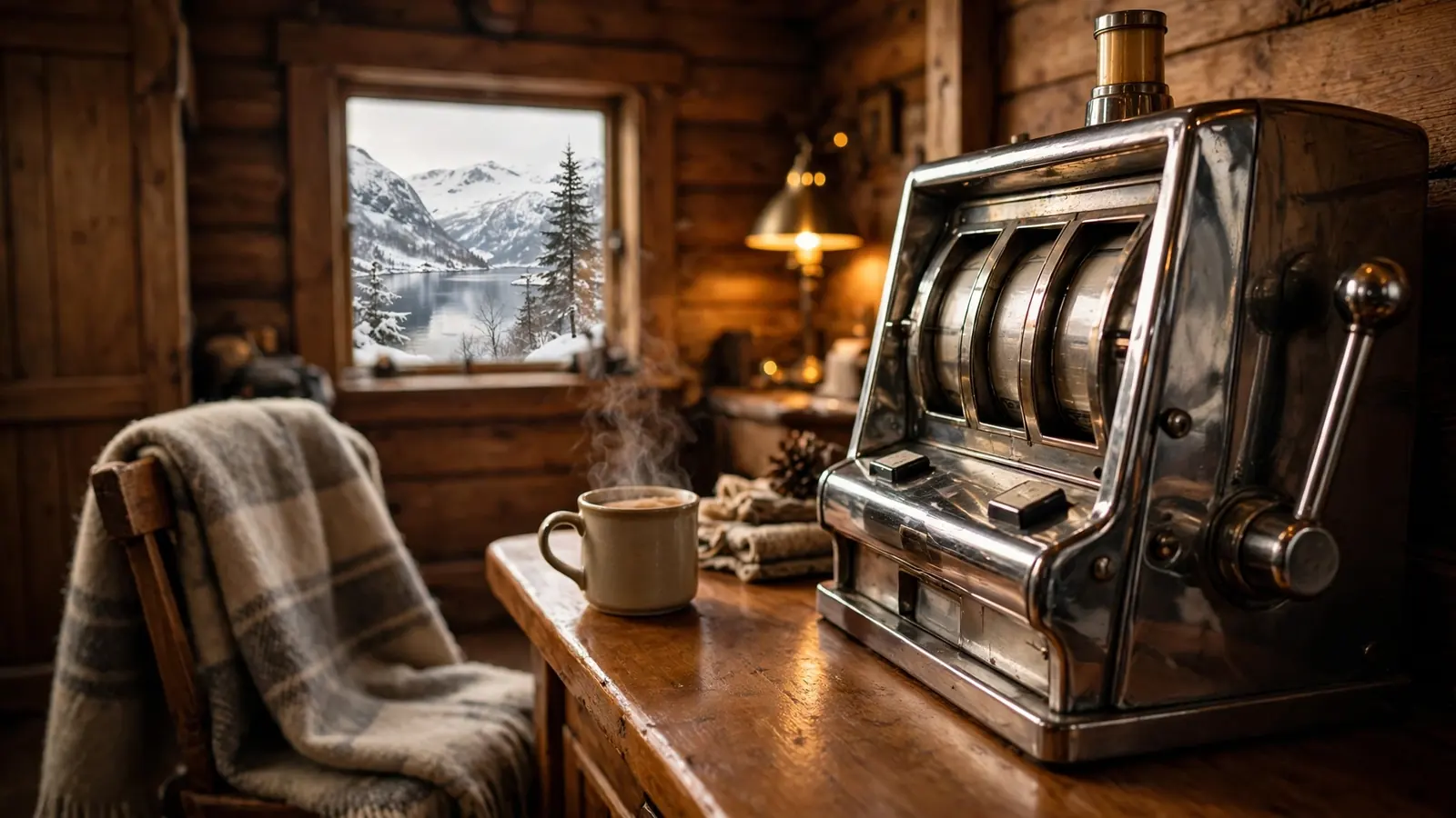 Klassisk spilleautomat i en koselig norsk hytte med fjordutsikt