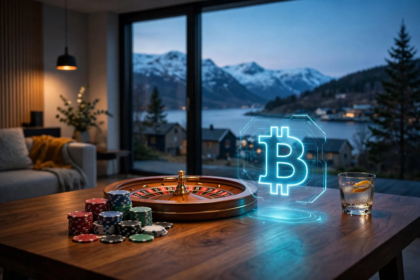 Norsk stue med pokerjetonger, rulett og en hologram-Bitcoin ved fjorden