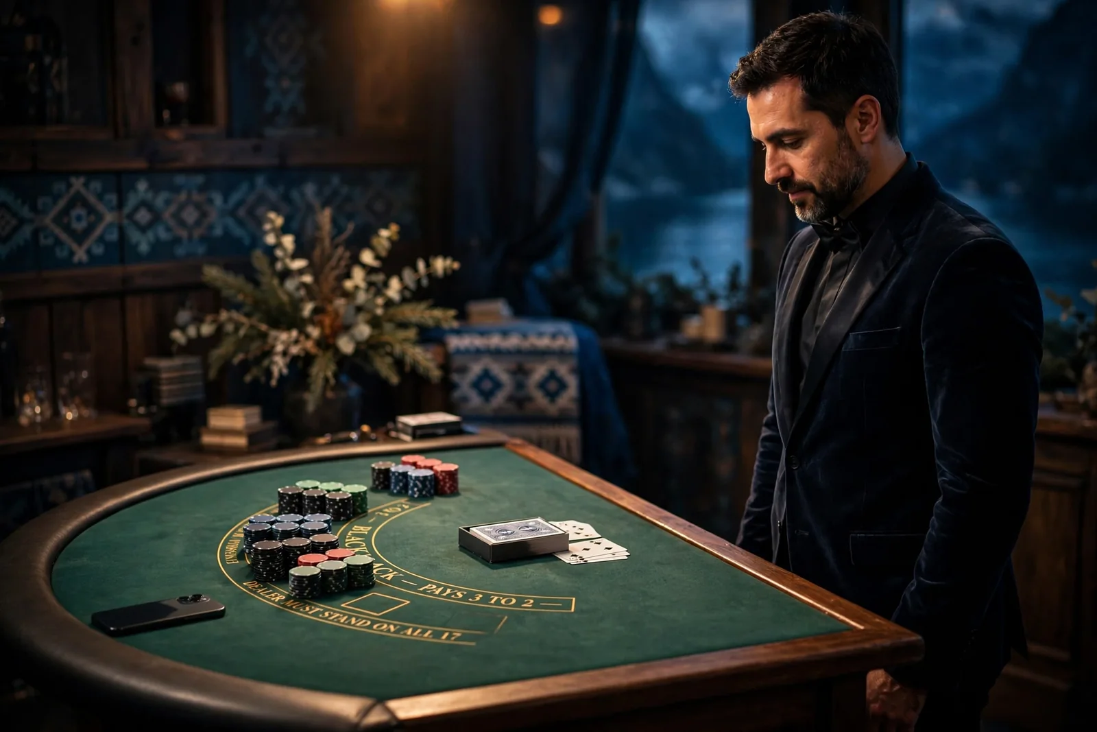 Elegant blackjack-bord i et live casino studio med norsk inspirert atmosfære
