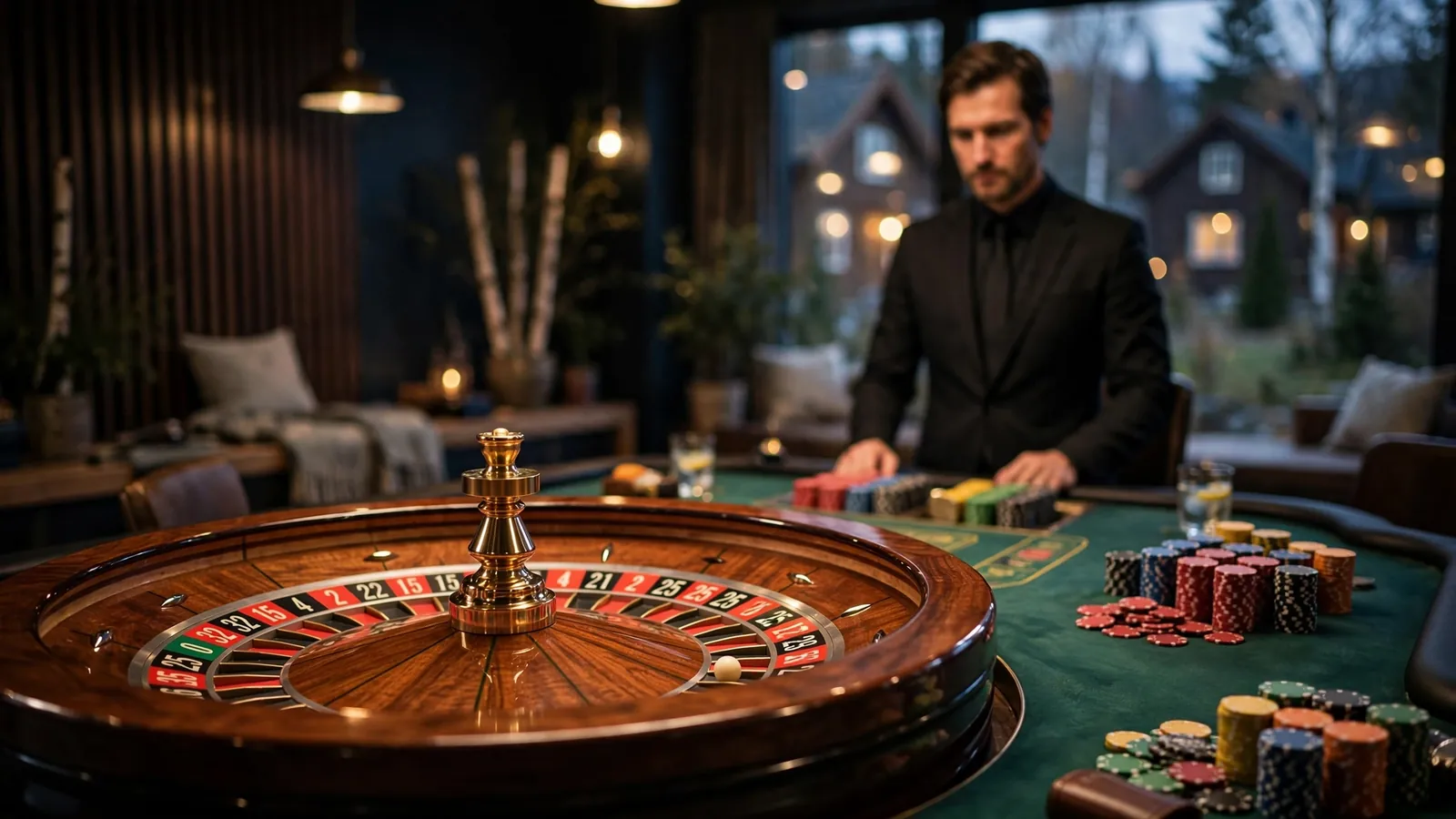 Elegant live roulette-studio med ekte dealer og ruletthjul