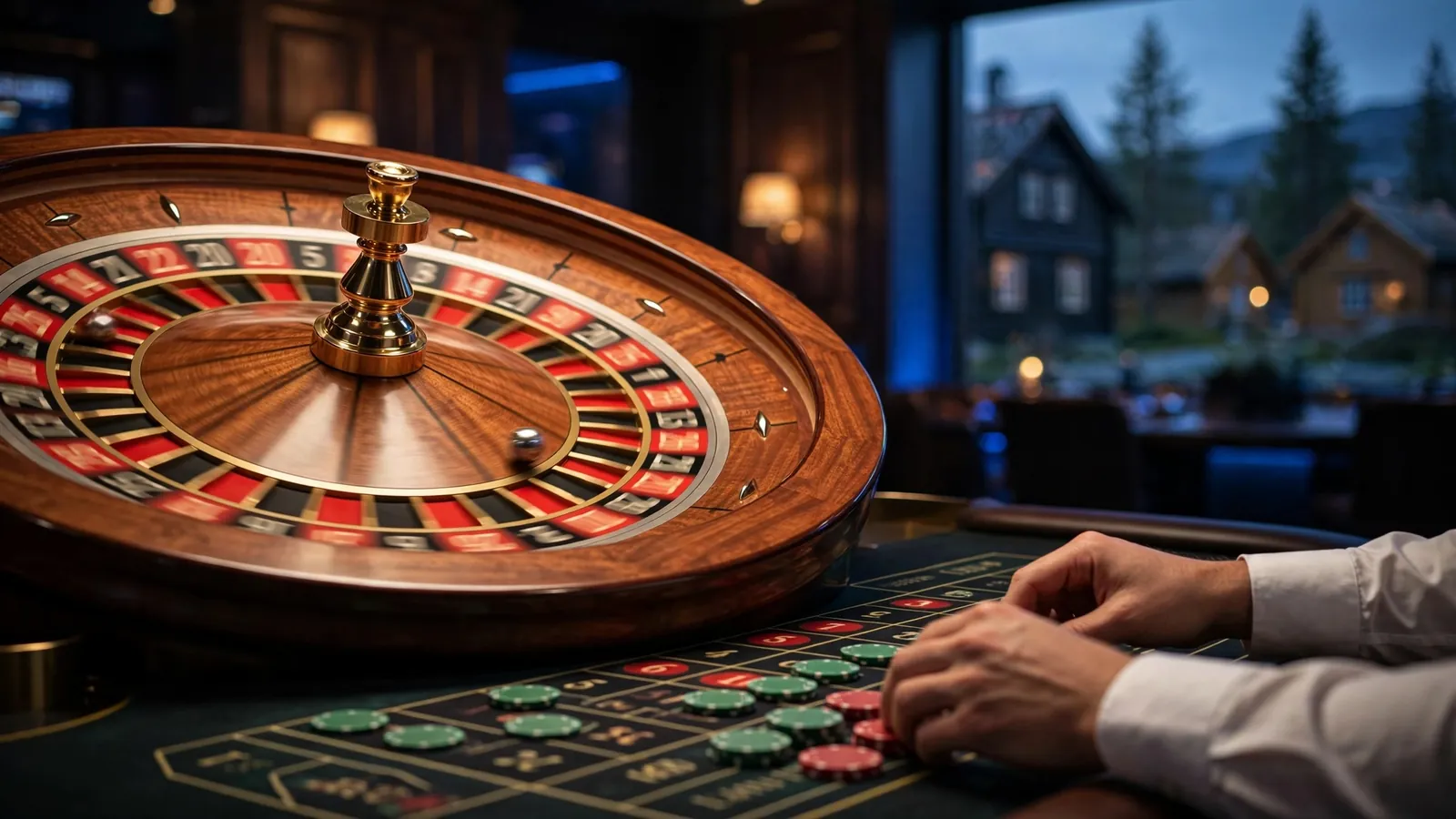Croupier spinner roulettehjulet mens sjetonger ligger på bordet