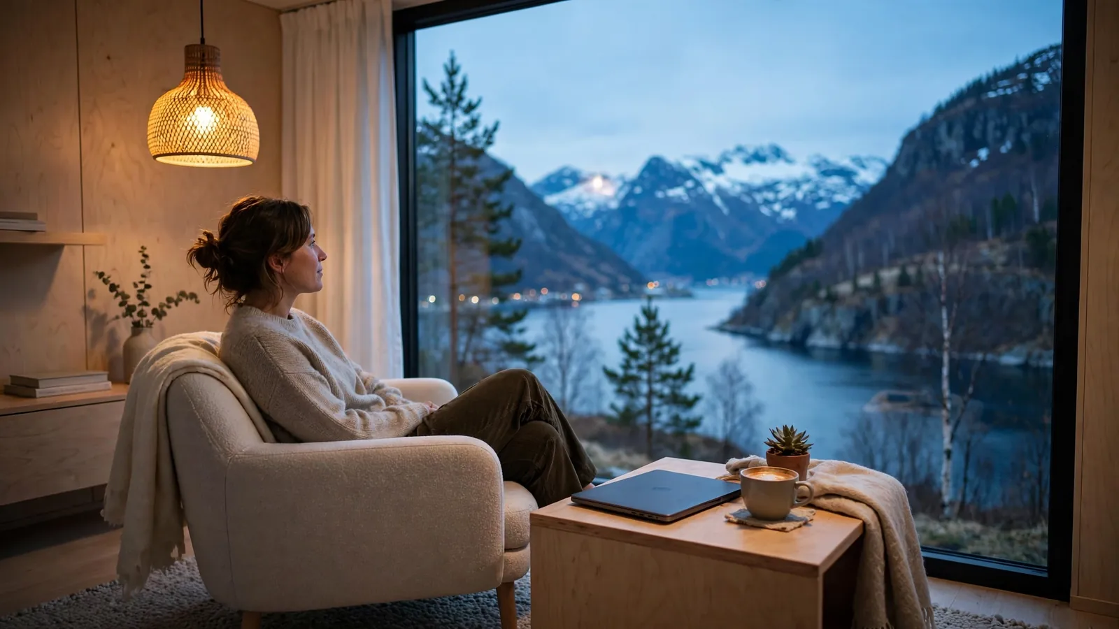 Moderne norsk stue med utsikt over fjord ved skumring