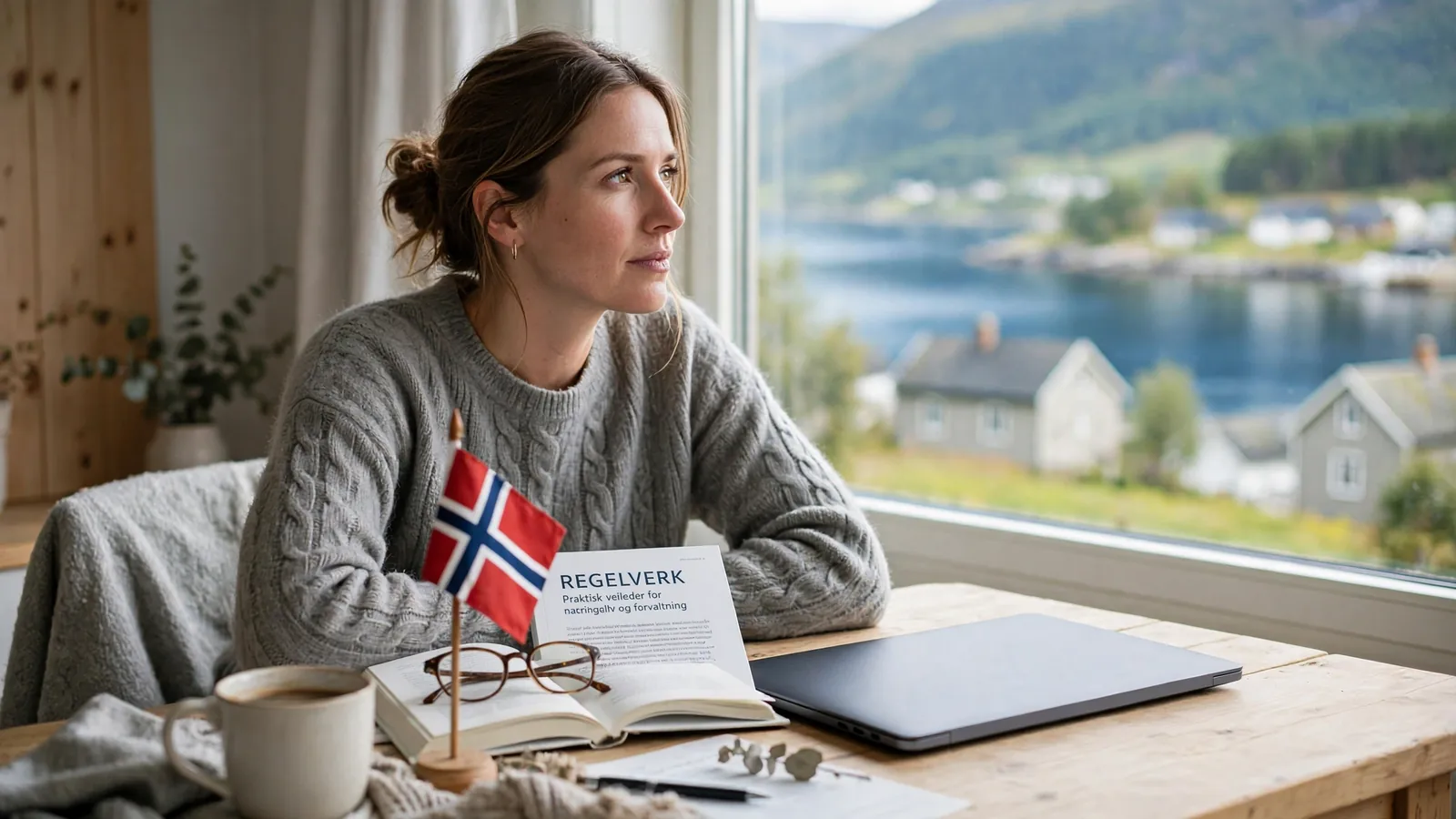 Person ved skrivebord med lukket laptop og norsk flagg