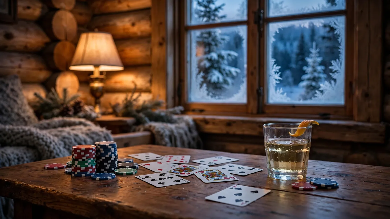 Casinochips og spillekort på et trebord i en norsk hytte