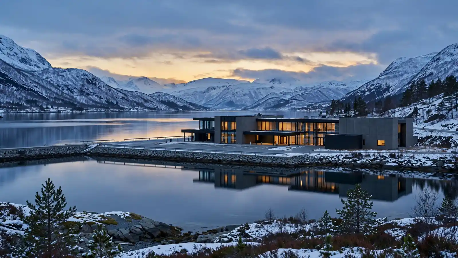 Norsk fjord med moderne tilsynsbygg ved vannet i skumringen