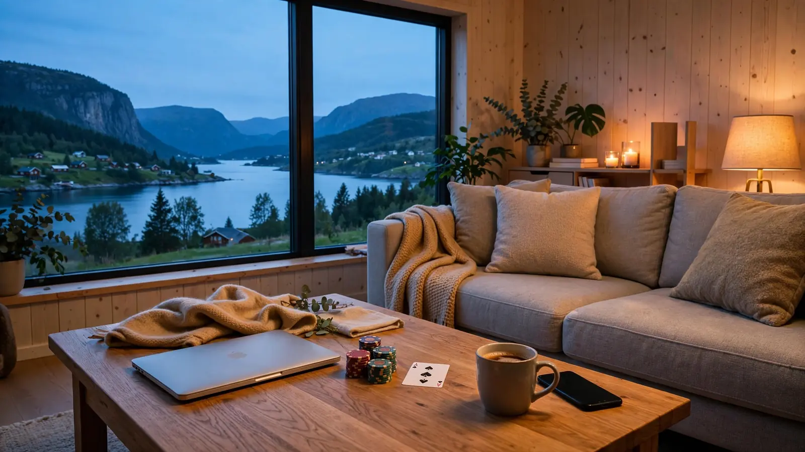 Moderne norsk stue med casinochips og lukket laptop
