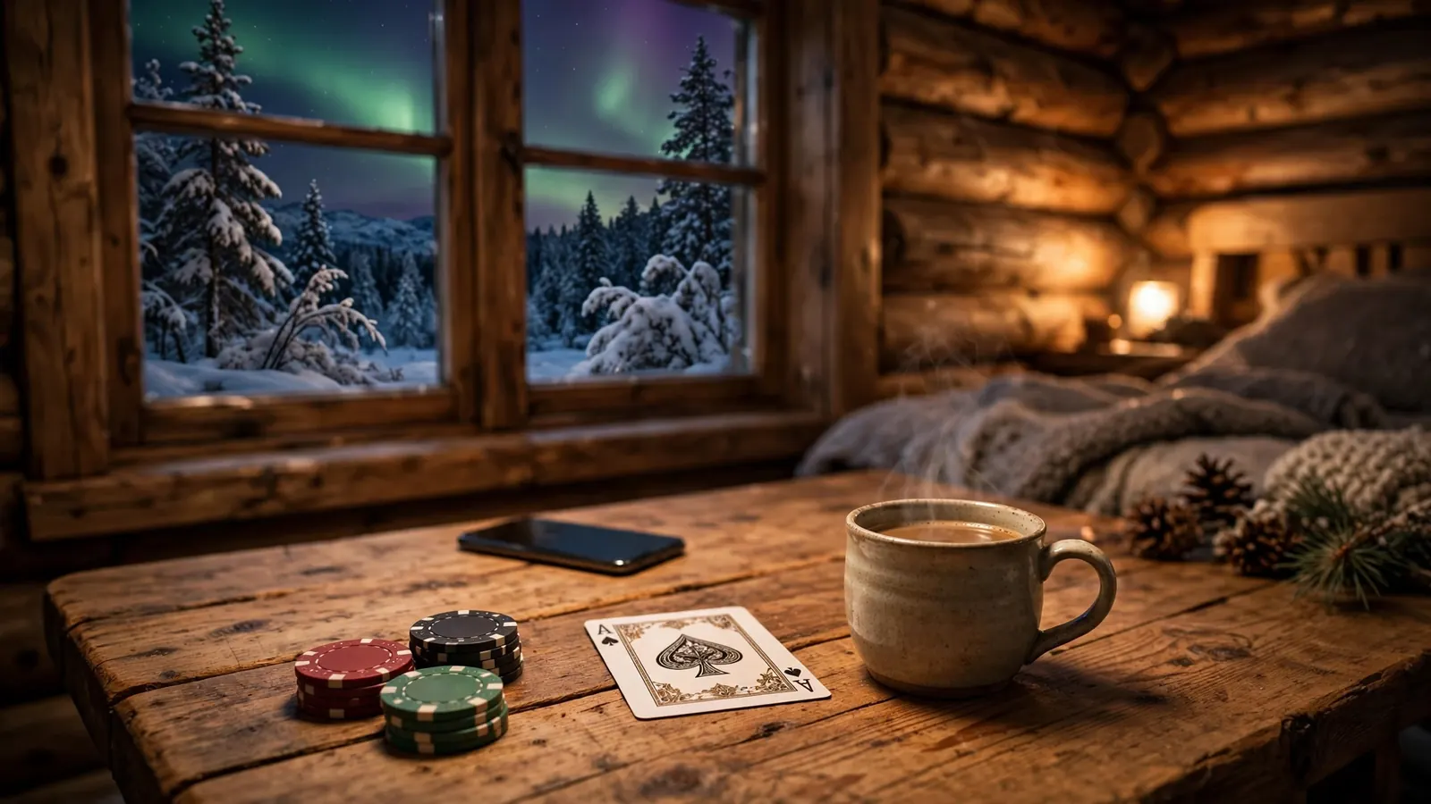 Norsk hytte med casinobrikker og kort på bordet