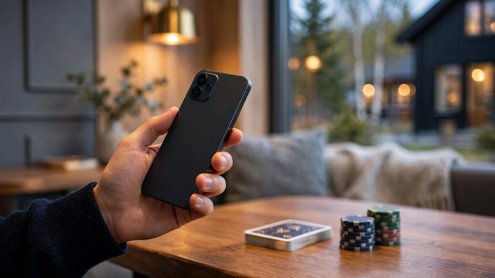 Hånd som holder en smarttelefon nær casinobord med jetonger og kort