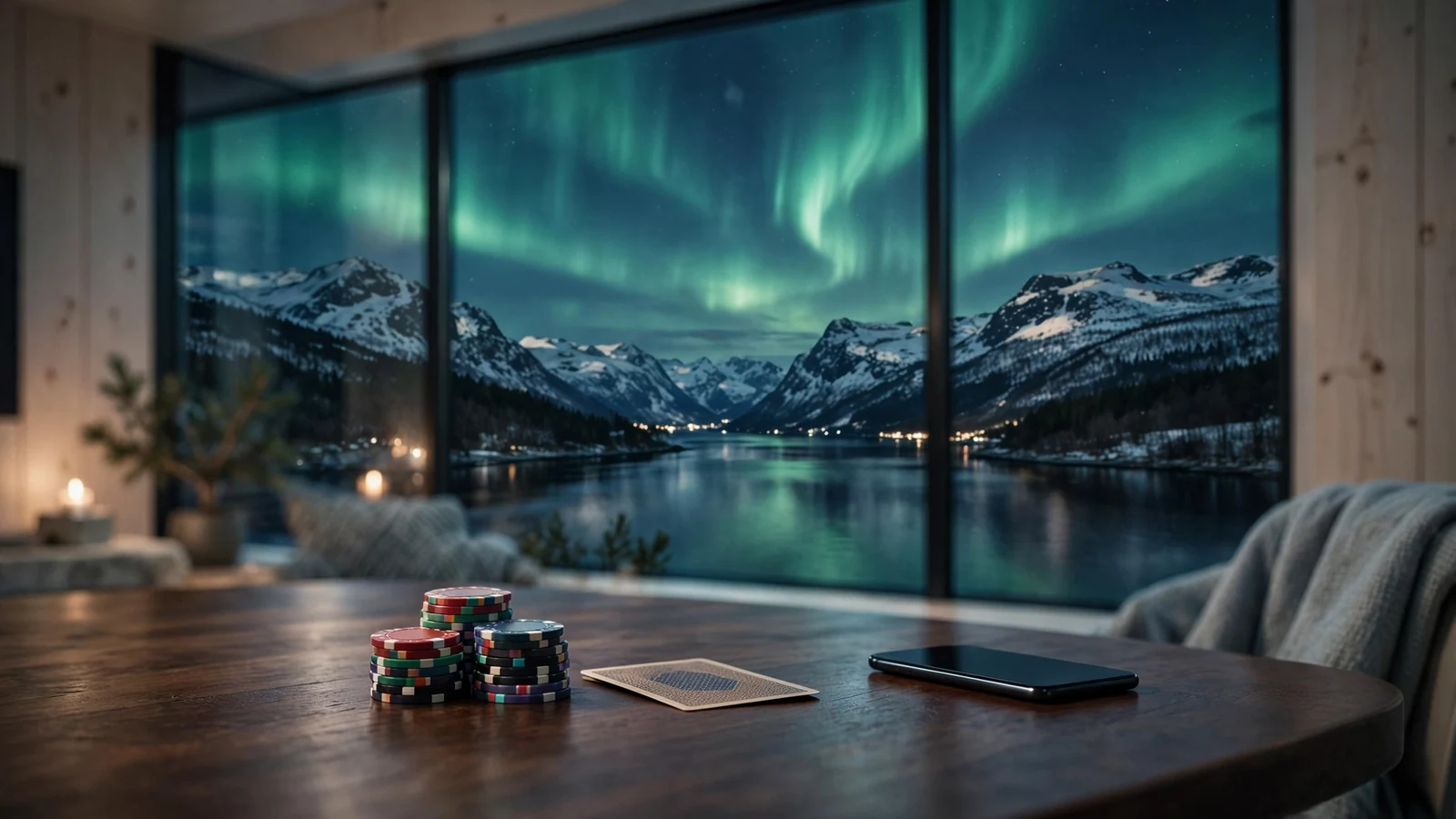 Moderne casinointeriør med jetonger og norsk fjordlandskap med nordlys