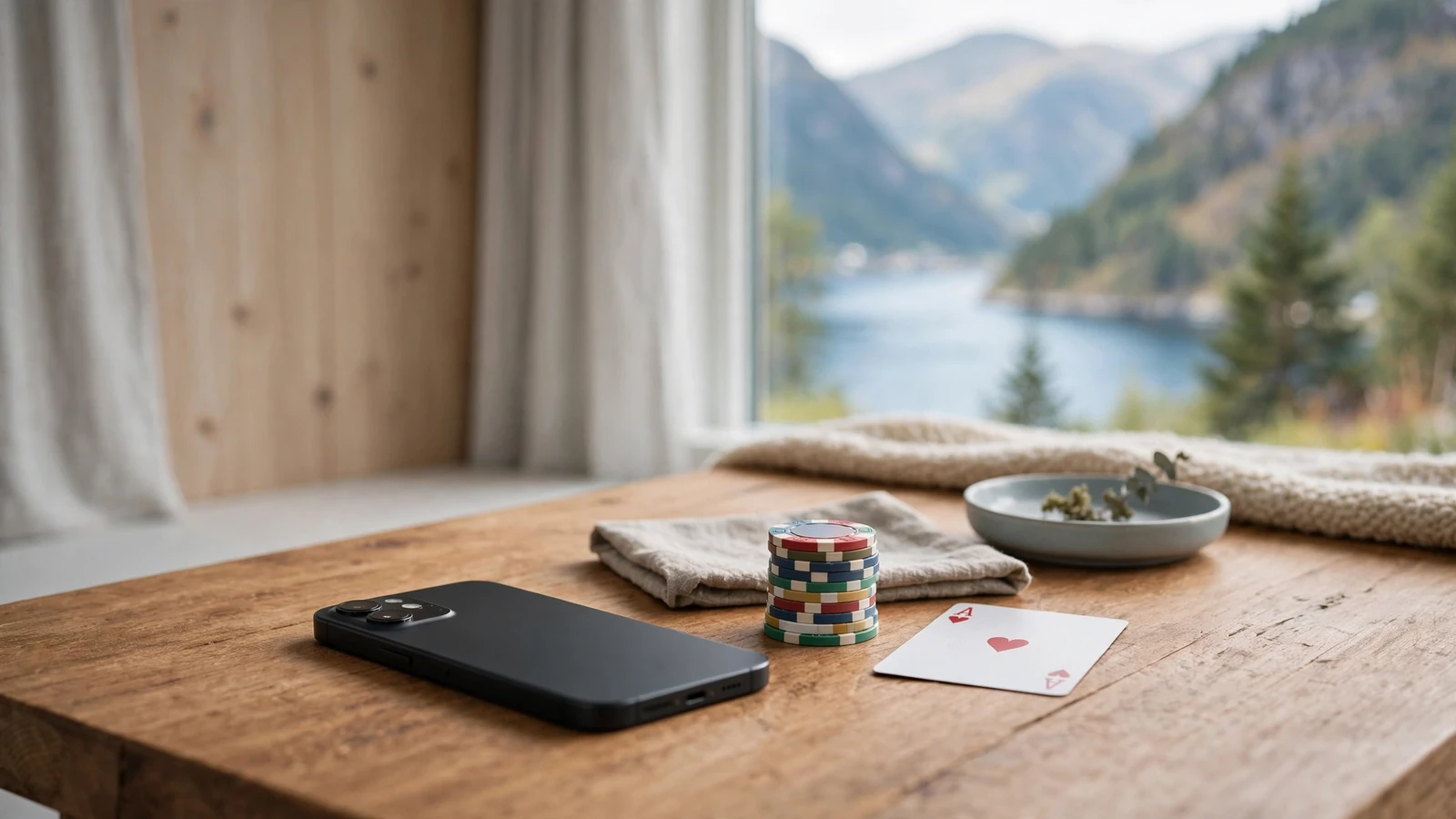 Smarttelefon på trebord med pokerjetonger og kort, norsk fjord i bakgrunnen