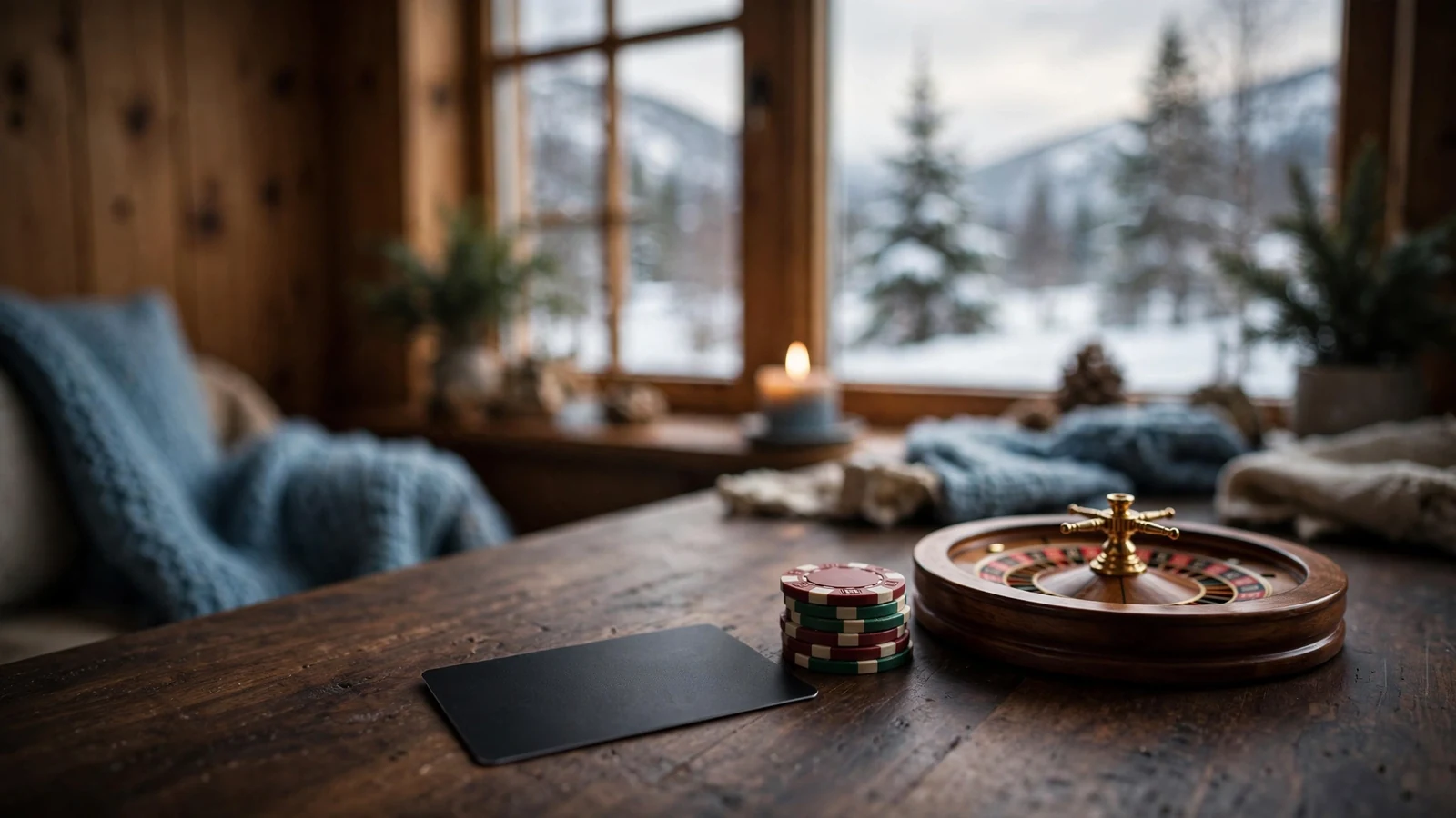 Mastercard-kort med casinokjetonger og rulettbord på norsk trebord